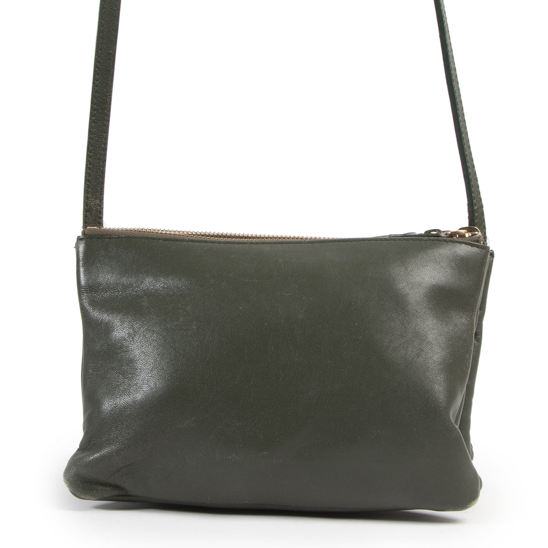 Authentieke Tweedehands Céline Khaki Green Lambskin Trio Bag juiste prijs veilig online shoppen luxe merken webshop winkelen Antwerpen België mode fashion