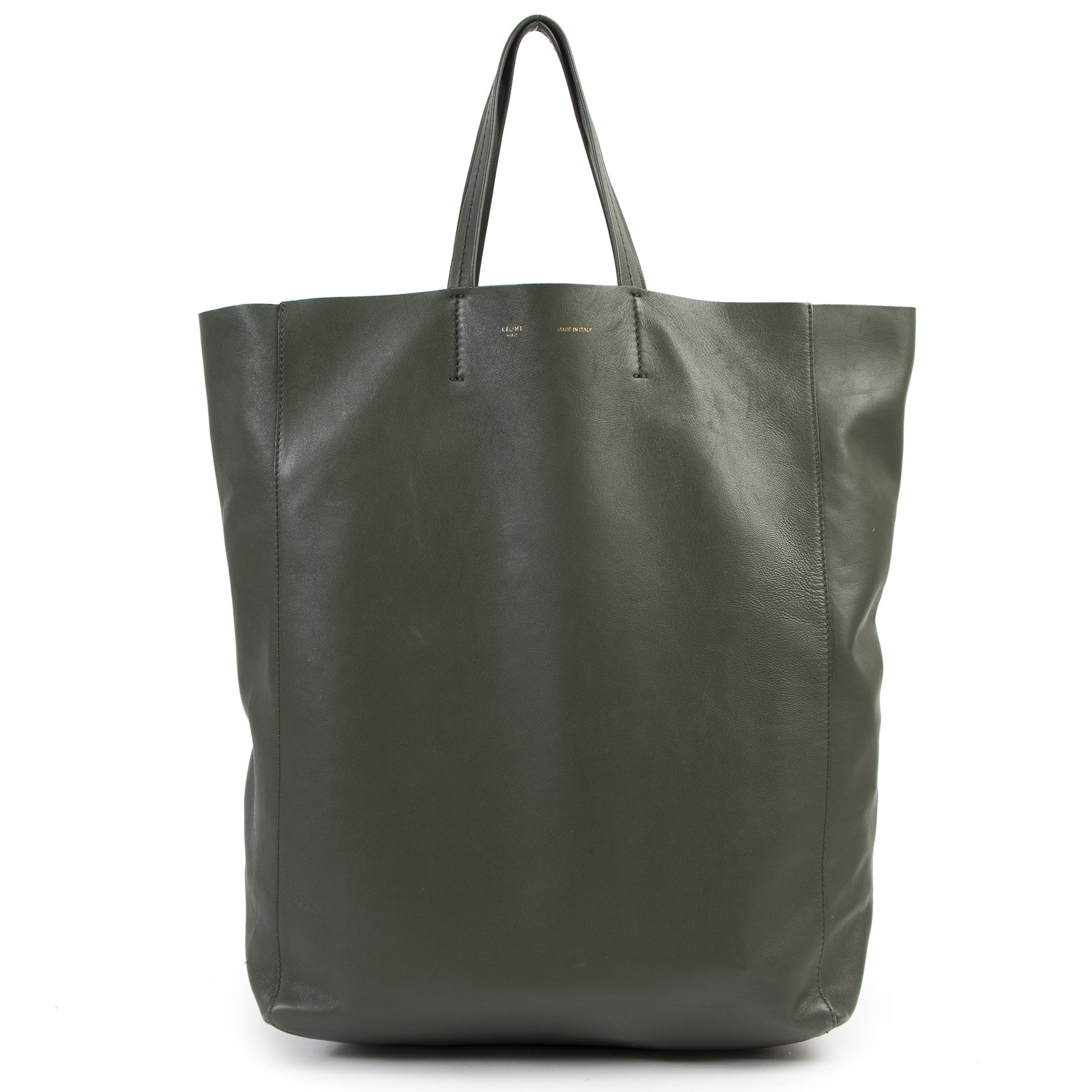 Authentic secondhand Céline Khaki Green Vertical Leather Tote Bag designer bags fashion luxury vintage webshop safe secure online shopping