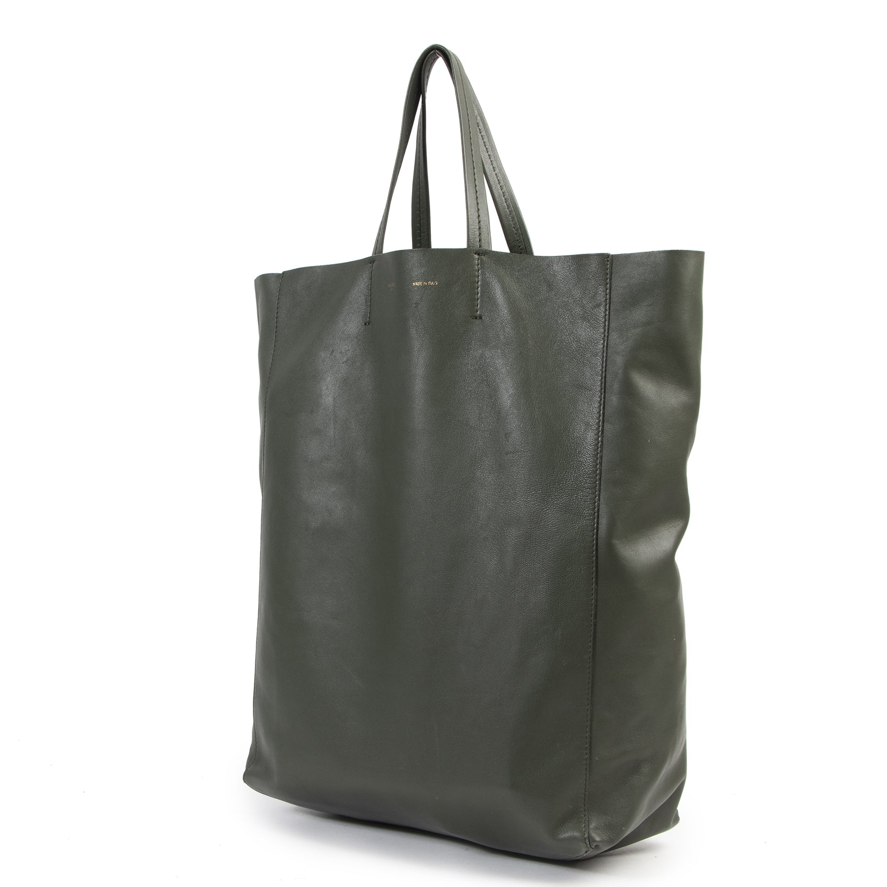 Authentic secondhand Céline Khaki Green Vertical Leather Tote Bag designer bags fashion luxury vintage webshop safe secure online shopping