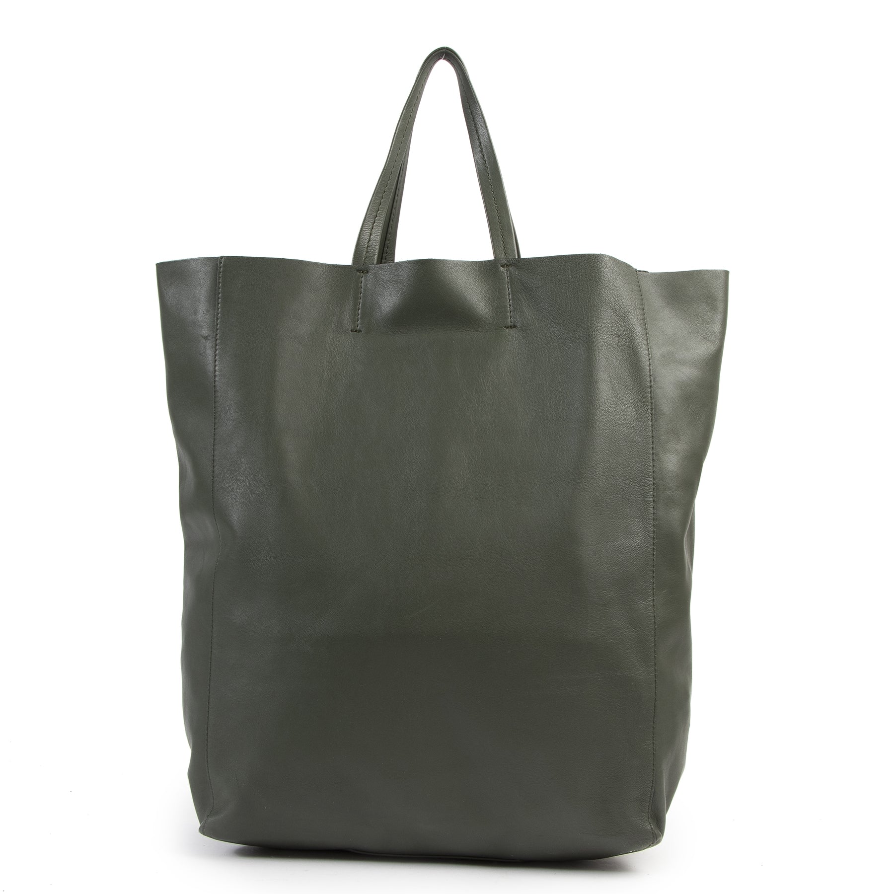 Authentieke Tweedehands Céline Khaki Green Vertical Leather Tote Bag juiste prijs veilig online shoppen luxe merken webshop winkelen Antwerpen België mode fashion
