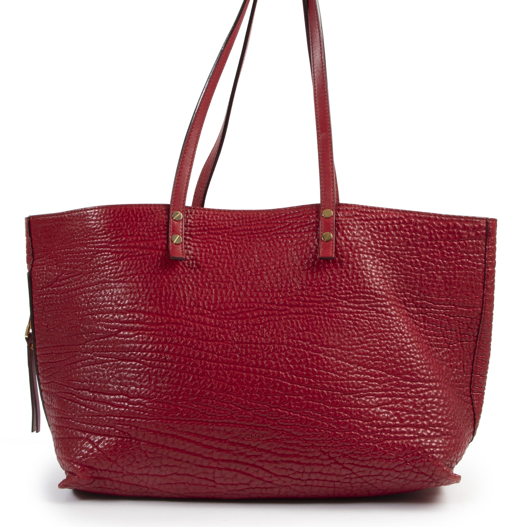 Authentieke Tweedehands Chloé Red Grained Leather Shopping Tote juiste prijs veilig online shoppen luxe merken webshop winkelen Antwerpen België mode fashion