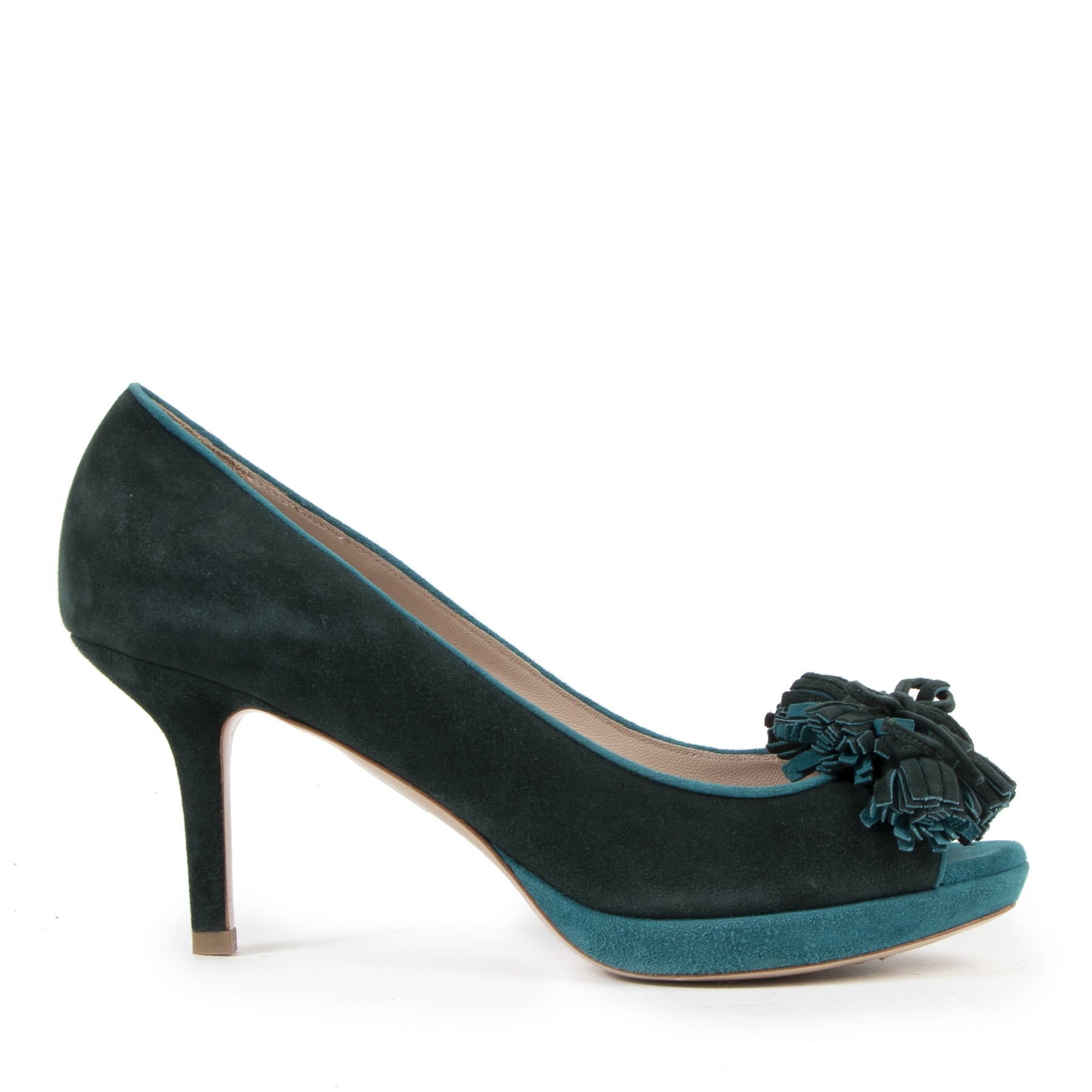 Authentieke Tweedehands Miu Miu Green Suede Peeptoe Pumps - Size 38 juiste prijs veilig online shoppen luxe merken webshop winkelen Antwerpen België mode fashion