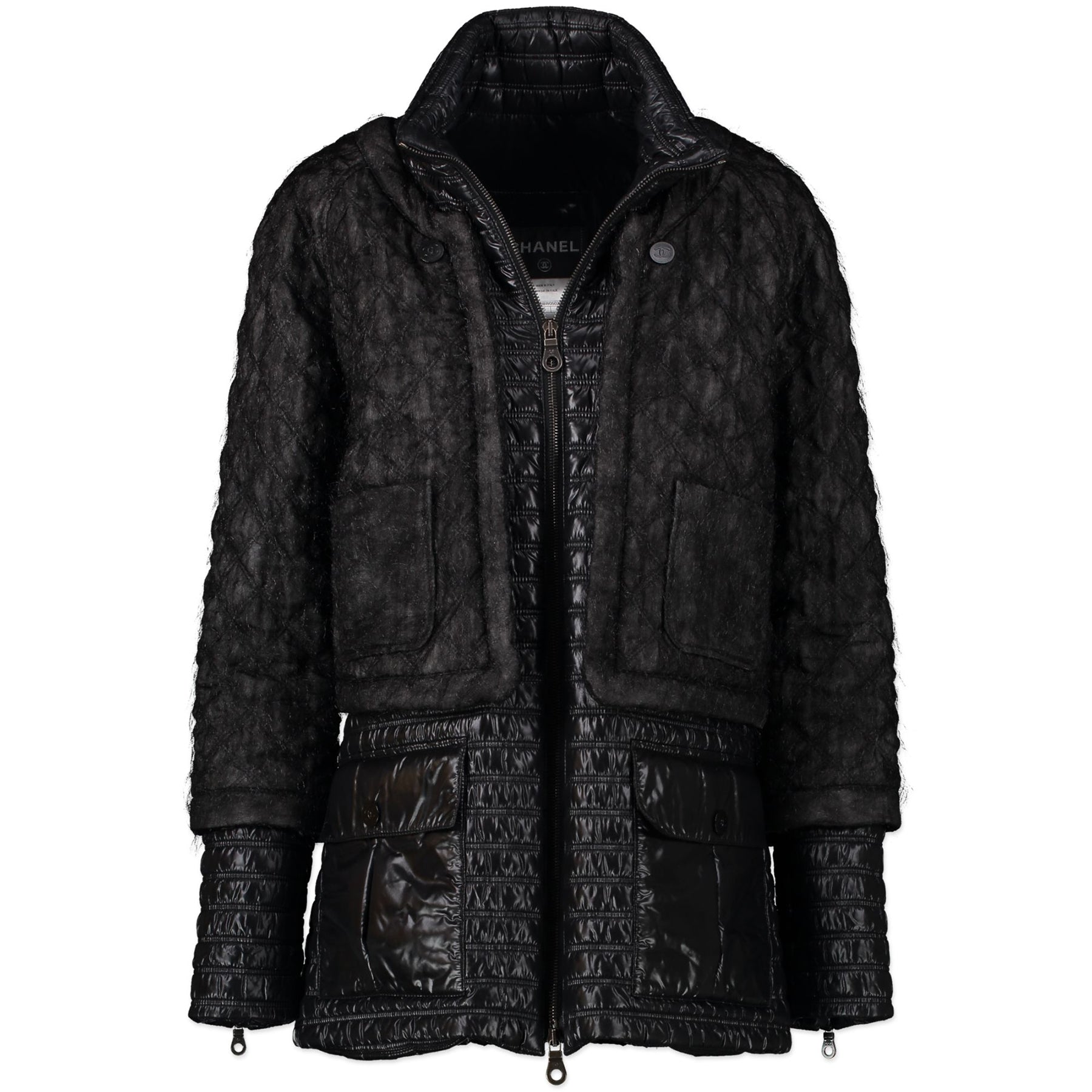 Authentieke Tweedehands Chanel Black Tweed Ski Jacket - Size FR42 juiste prijs veilig online shoppen luxe merken webshop winkelen Antwerpen België mode fashion