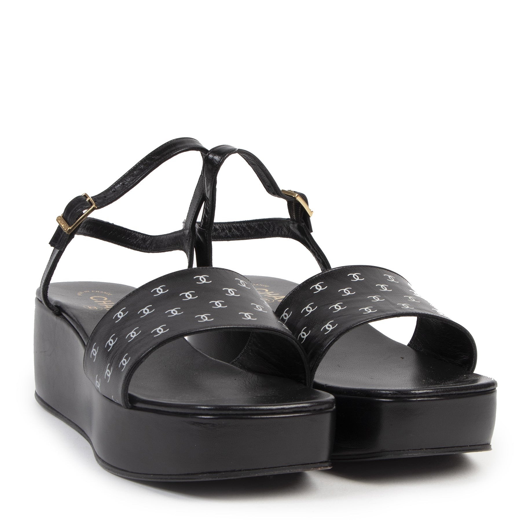 Authentieke Tweedehands Chanel Black CC Logo Platform Sandals - Size 39 juiste prijs veilig online shoppen luxe merken webshop winkelen Antwerpen België mode fashion