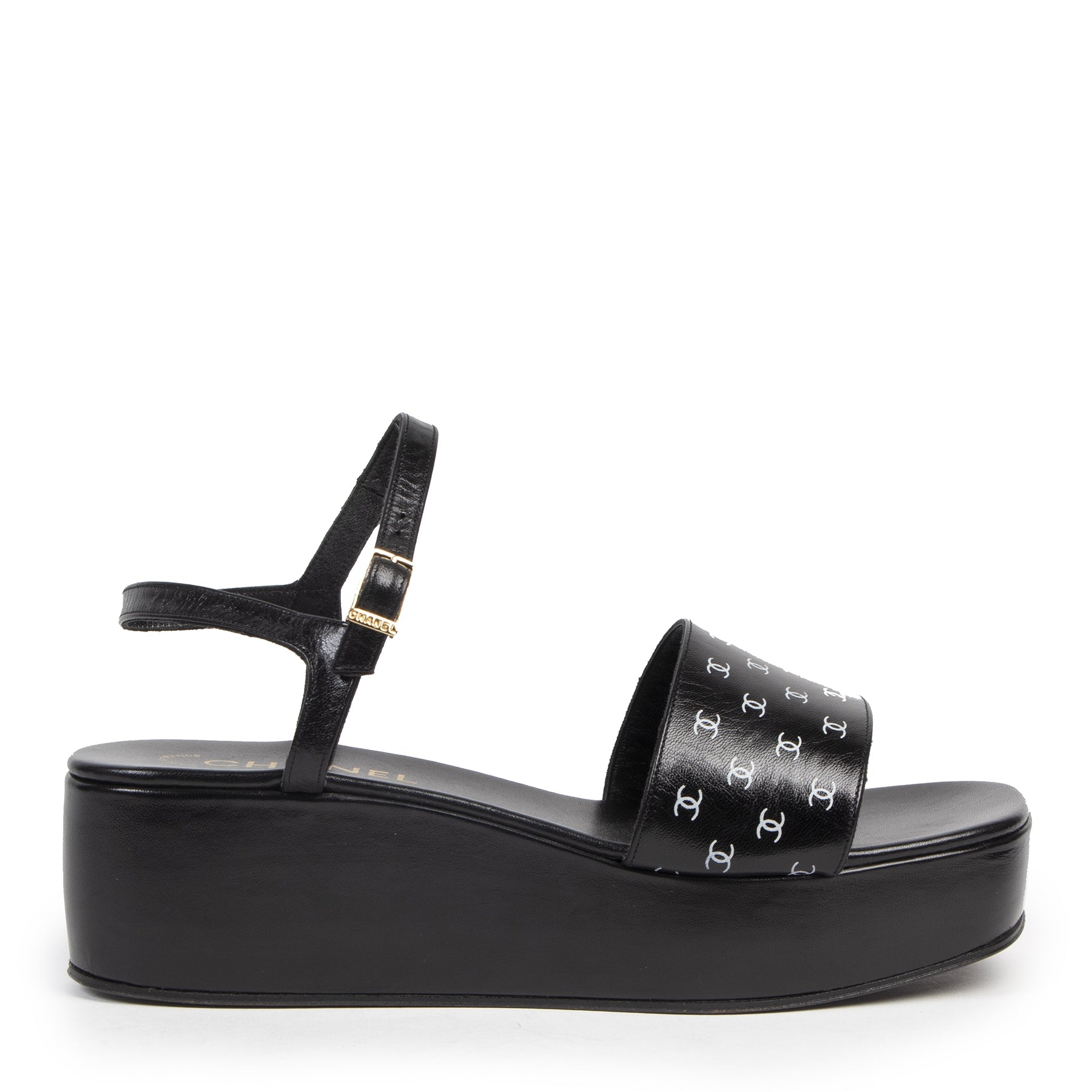 Authentic secondhand Chanel Black CC Logo Platform Sandals - Size 39 designer shoes brands fashion luxury vintage webshop safe secure online shopping
