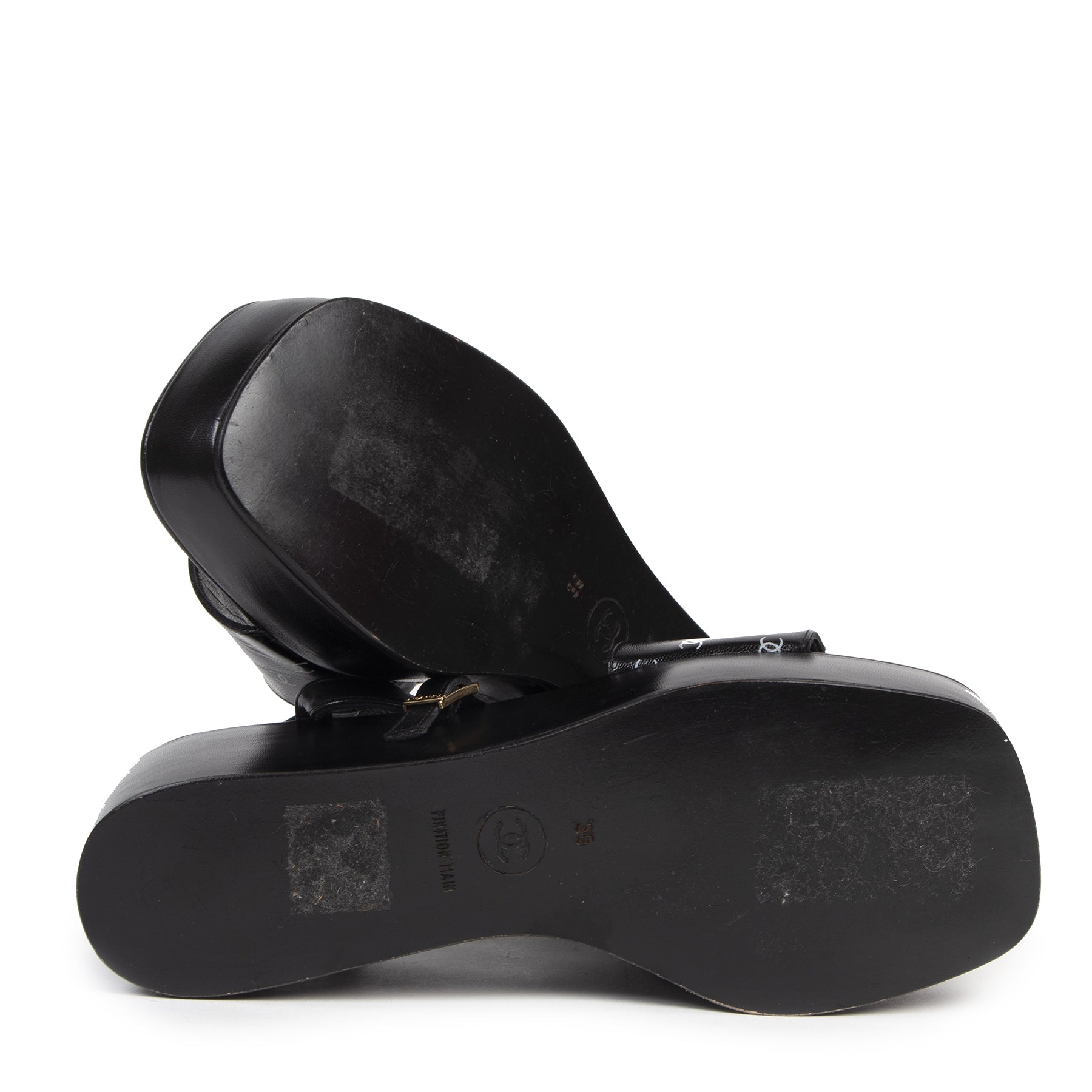 Authentic secondhand Chanel Black CC Logo Platform Sandals - Size 39 designer shoes brands fashion luxury vintage webshop safe secure online shopping