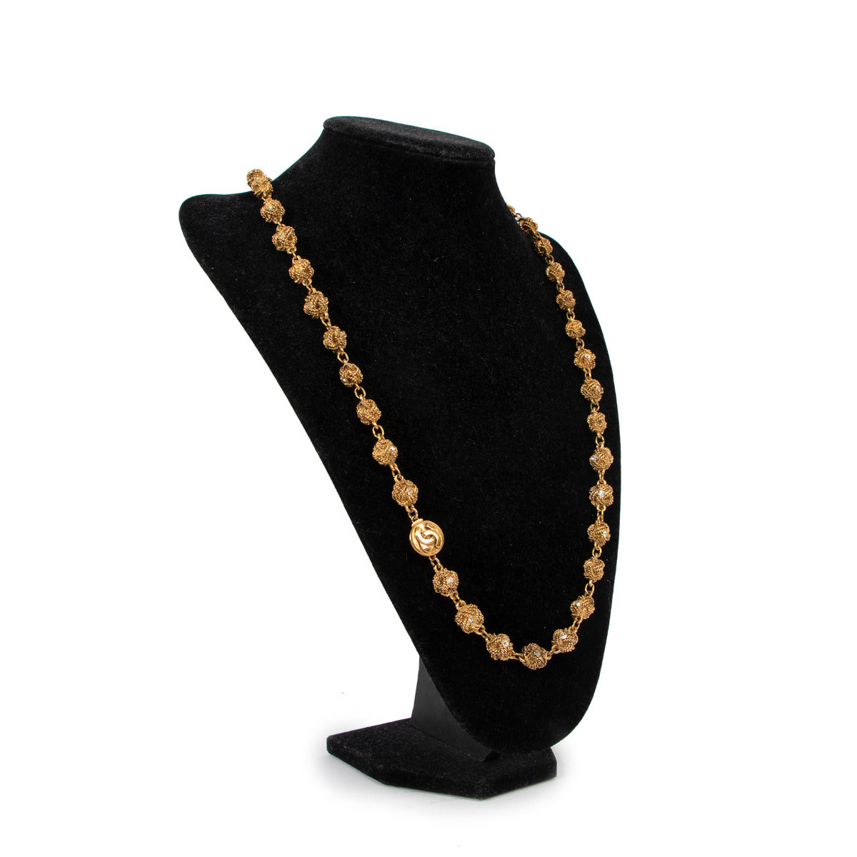 Chanel Vintage Gold Chain Ball Filigree Charm Crystal Necklace
