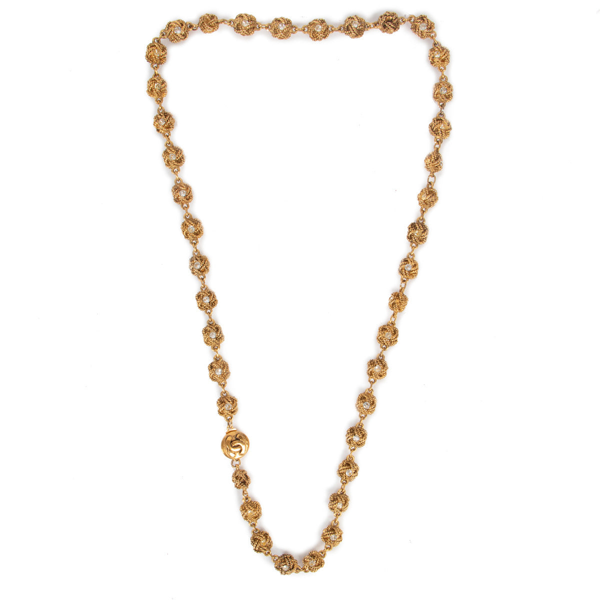 Chanel Vintage Gold Chain Ball Filigree Charm Crystal Necklace