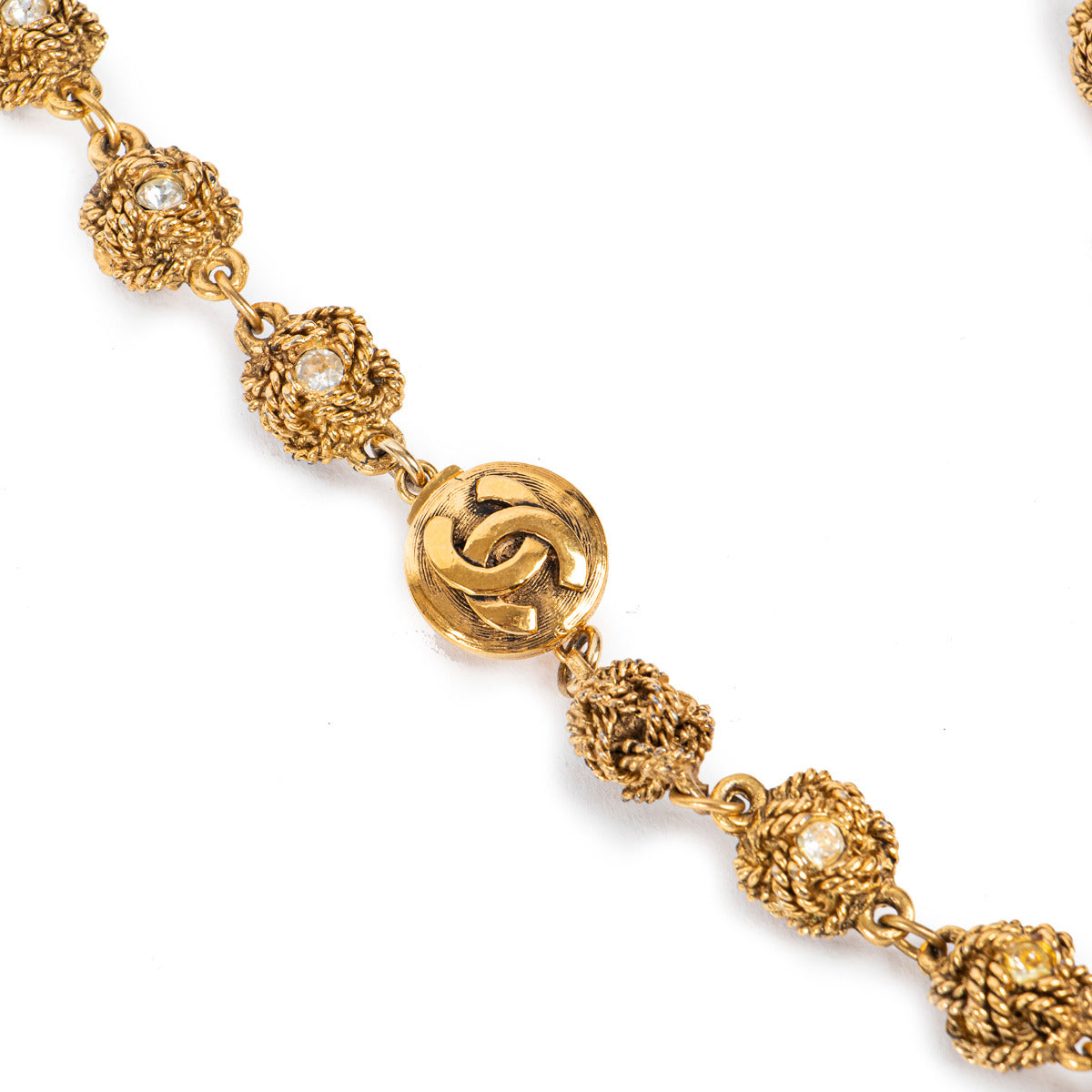 Chanel Collier Vintage Doré Chaîne Boule Filigrane Charm Cristal