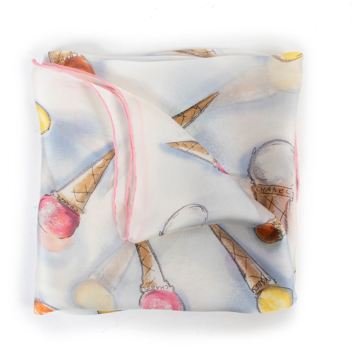 Original Vintage Chanel Multicolor Ice Cream Silk Scarf now for sale on Labellov preloved designer goods in good condition