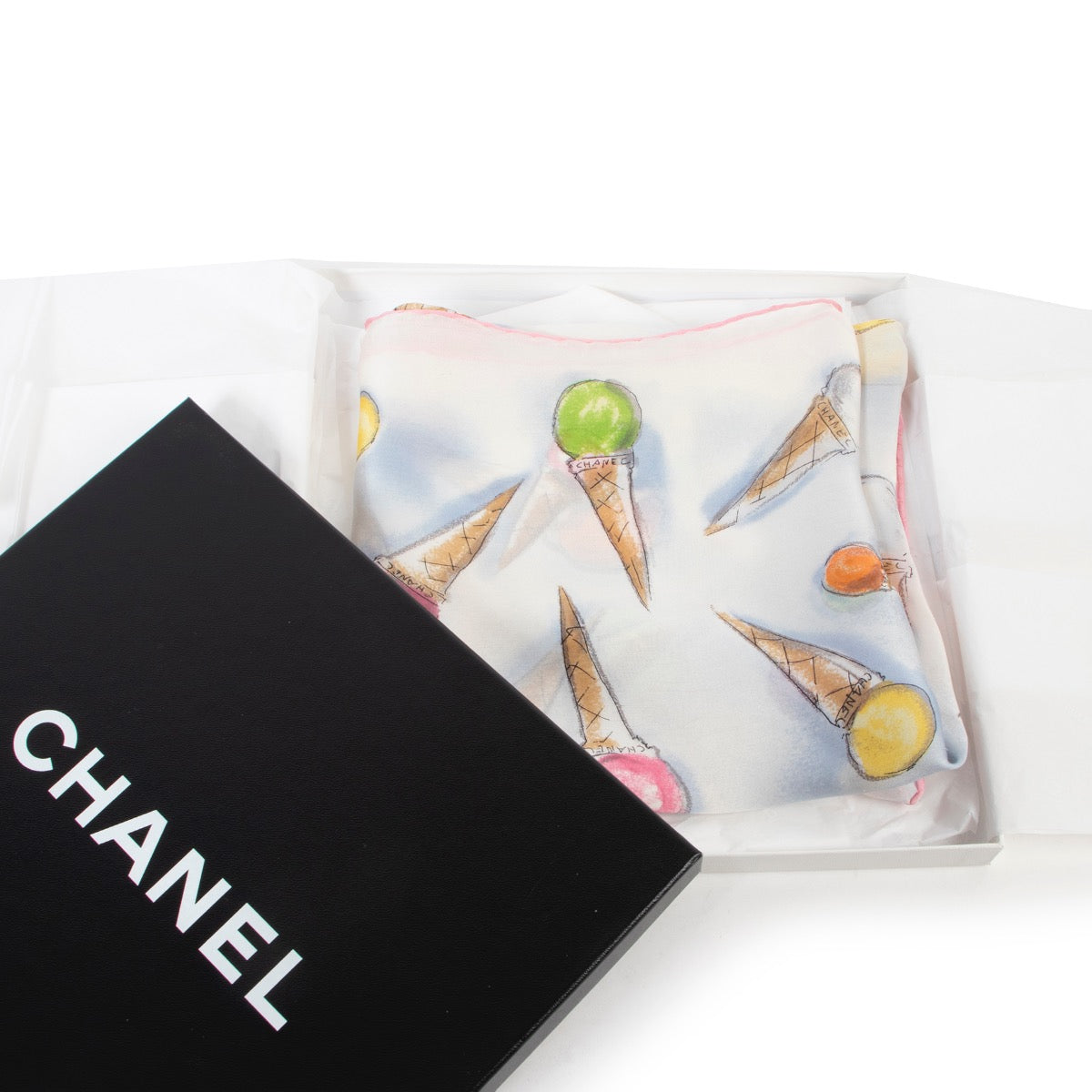 Original Vintage Chanel Multicolor Ice Cream Silk Scarf now for sale on Labellov preloved designer goods in good condition