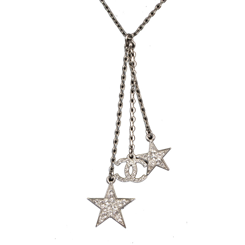 Authentieke Tweedehands Chanel Silver Crystal Star CC Pendant Necklace juiste prijs veilig online shoppen luxe merken webshop winkelen Antwerpen België mode fashion