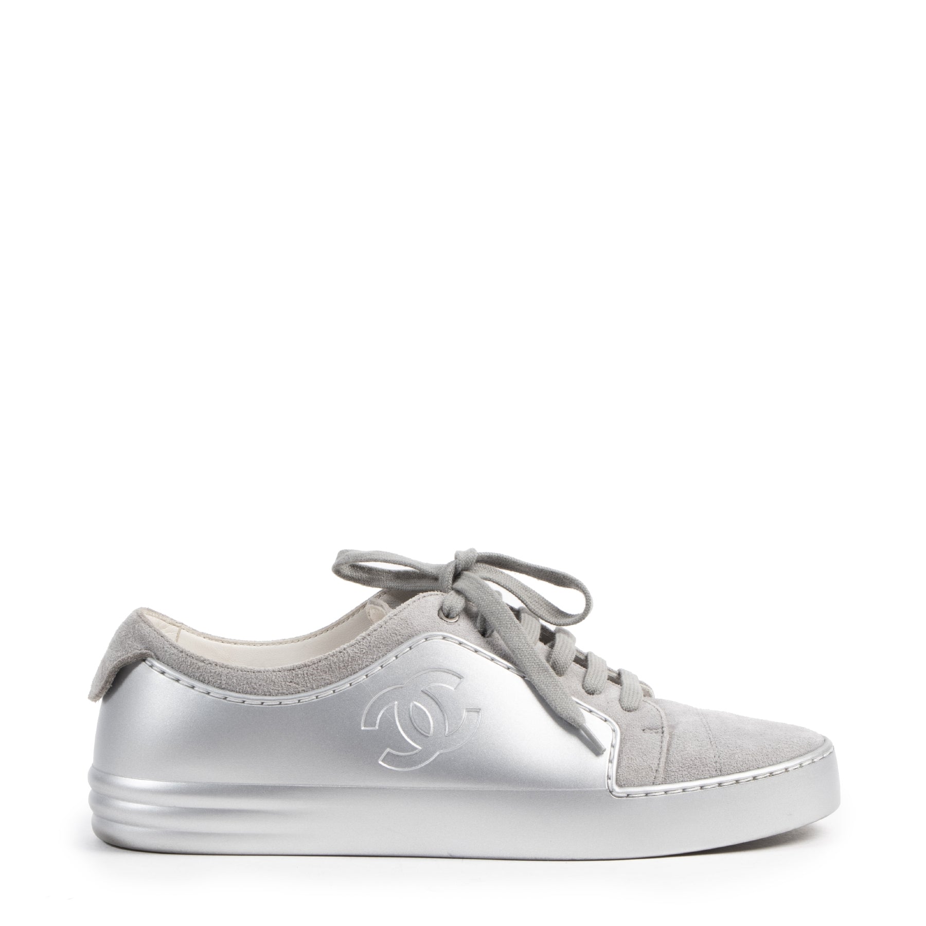 Chanel Silver Suede Sneakers available at Labellov secondhand luxury