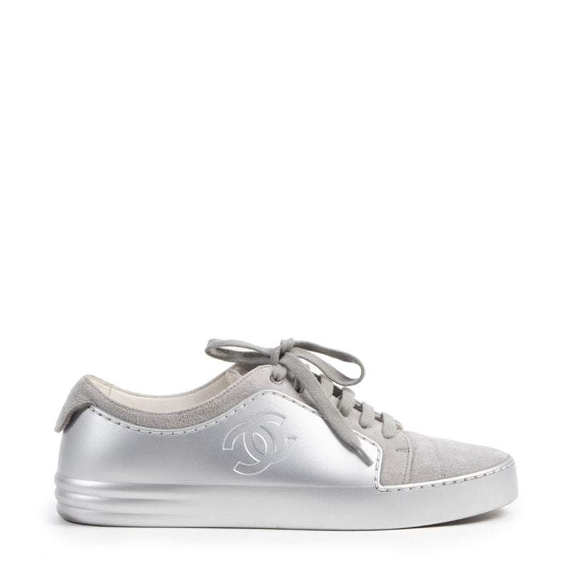 Chanel Silver Suede Sneakers available at Labellov secondhand luxury