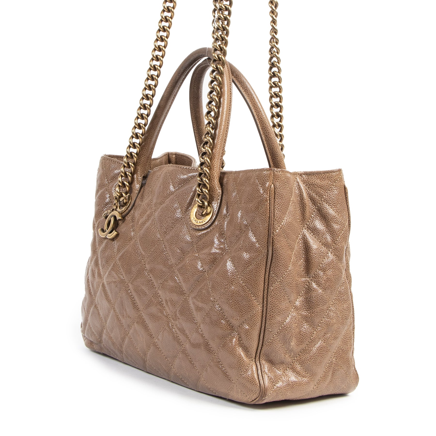 Authentieke Tweedehands Chanel Taupe Top Handle Shopper Bag juiste prijs veilig online shoppen luxe merken webshop winkelen Antwerpen België mode fashion