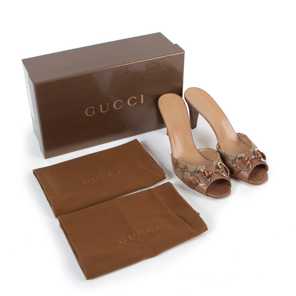 Gucci Monogram Horsebit Heeled Mules - size 39