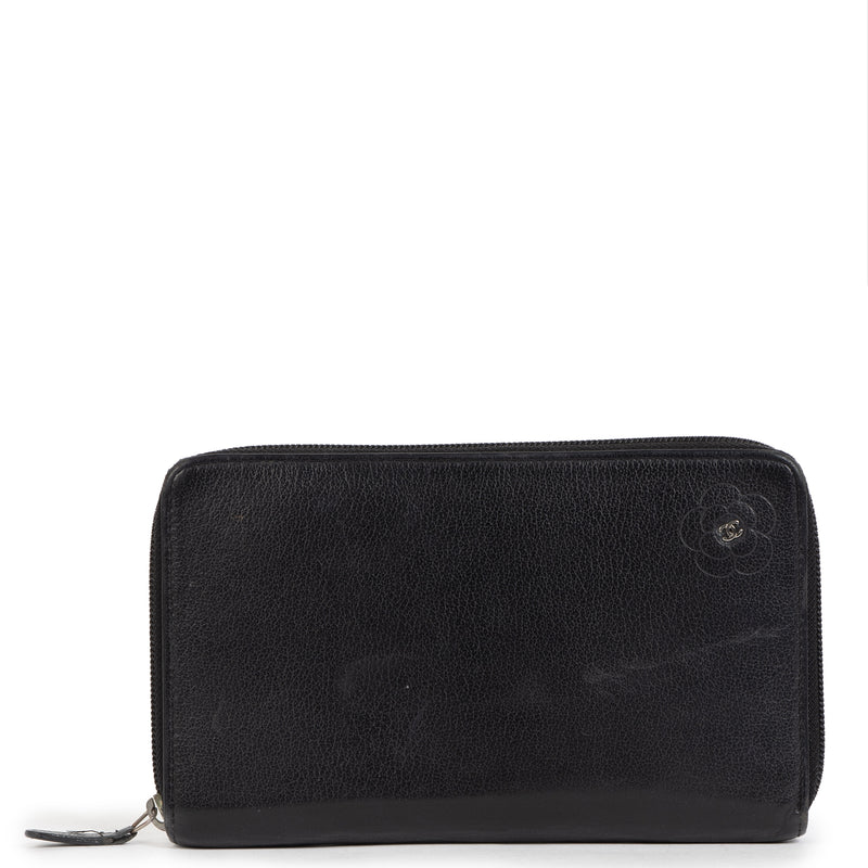 Chanel Black Camellia Leather Long Wallet