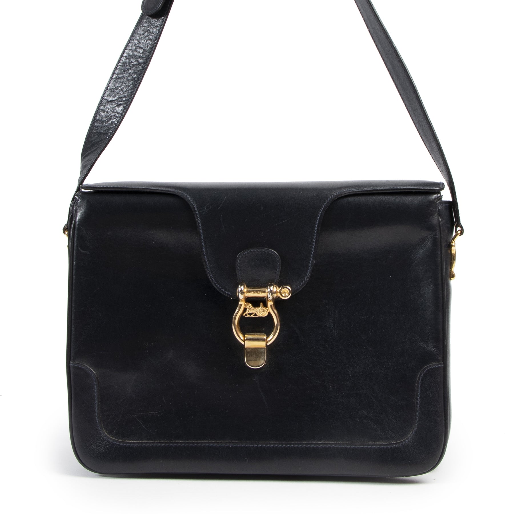 Authentic secondhand Céline Black Leather Carriage Shoulder Bag designer bags fashion luxury vintage webshop safe secure online shopping