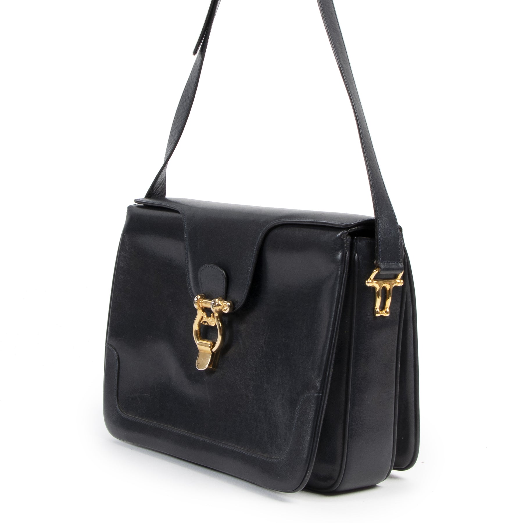 Authentieke Tweedehands Céline Black Leather Carriage Shoulder Bag juiste prijs veilig online shoppen luxe merken webshop winkelen Antwerpen België mode fashion