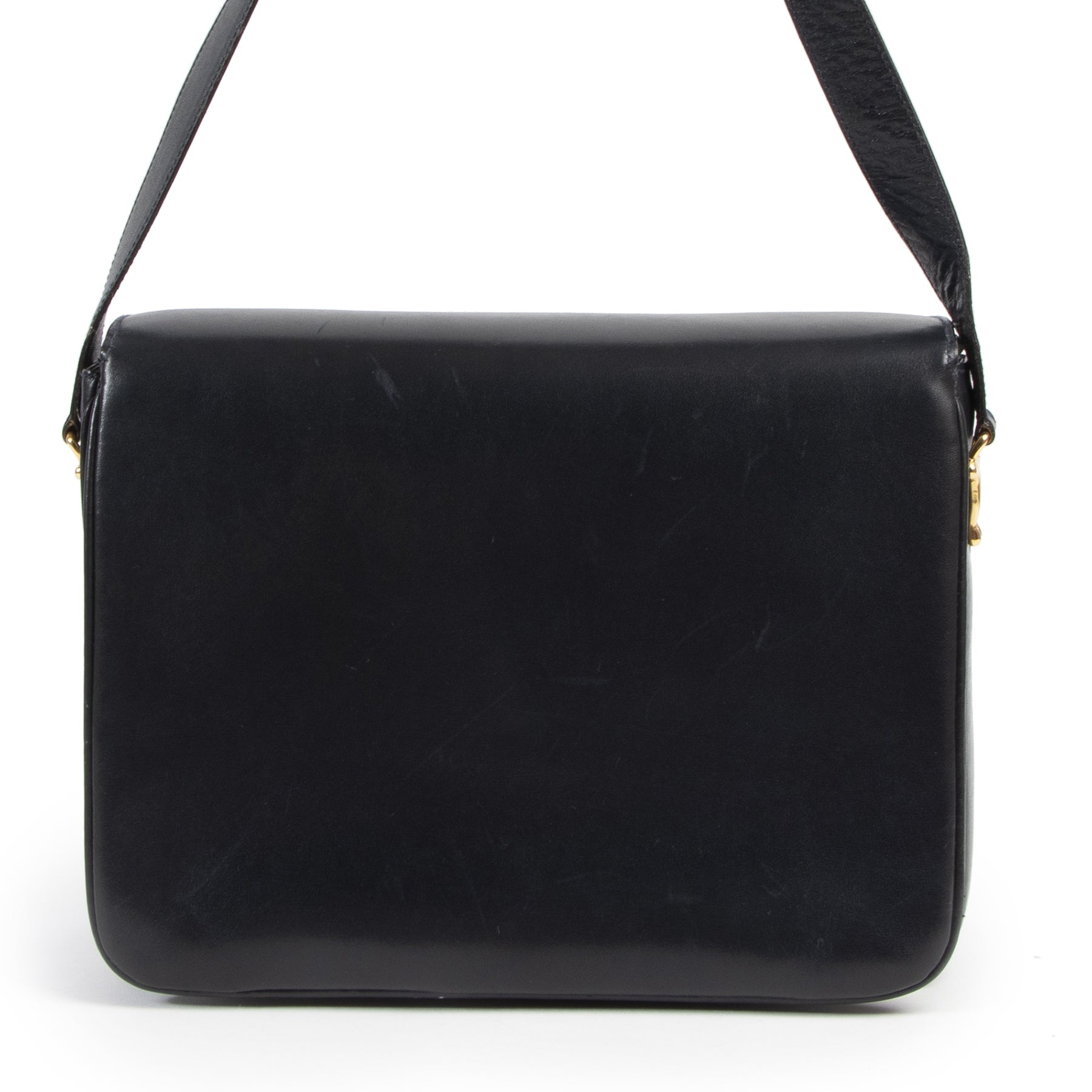 Authentieke Tweedehands Céline Black Leather Carriage Shoulder Bag juiste prijs veilig online shoppen luxe merken webshop winkelen Antwerpen België mode fashion