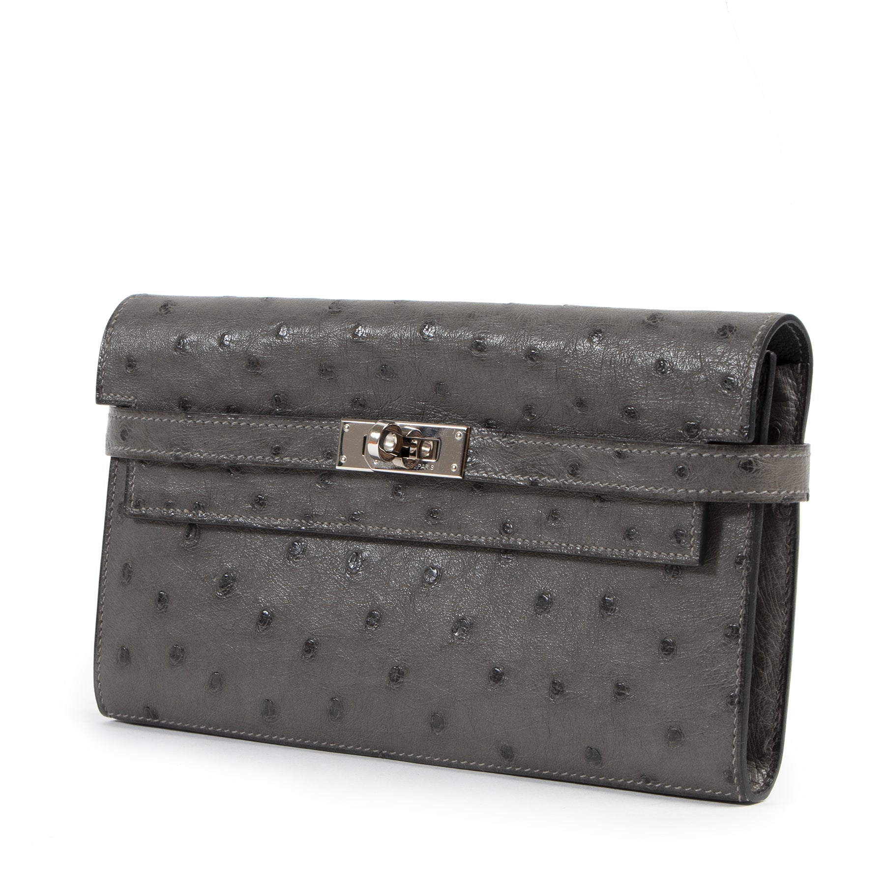 Authentic secondhand Hermès Ostrich Kelly Longue Wallet Gris PHW designer accessories fashion luxury vintage webshop safe secure online shopping