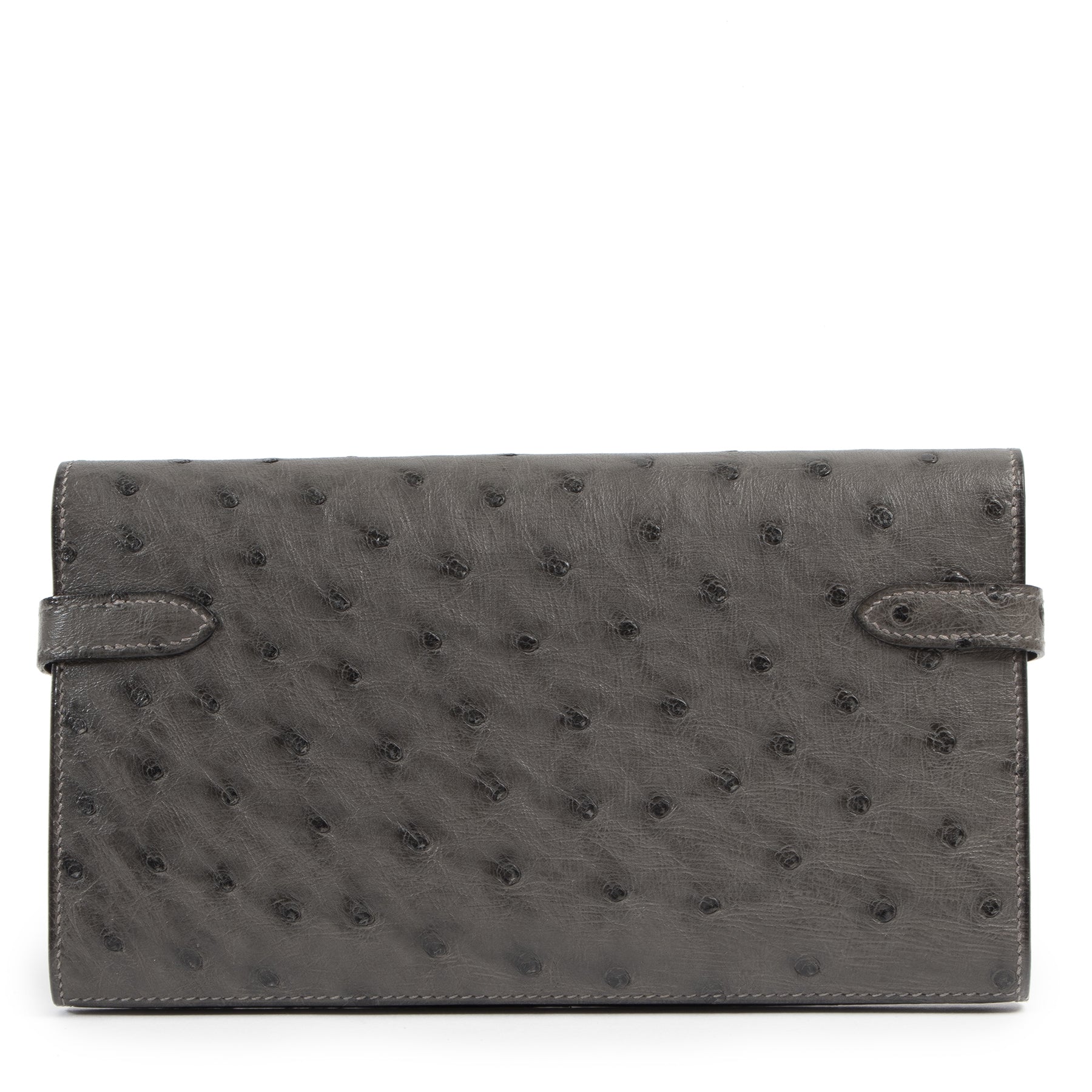 Authentieke Tweedehands Hermès Ostrich Kelly Longue Wallet Gris PHW juiste prijs veilig online shoppen luxe merken webshop winkelen Antwerpen België mode fashion