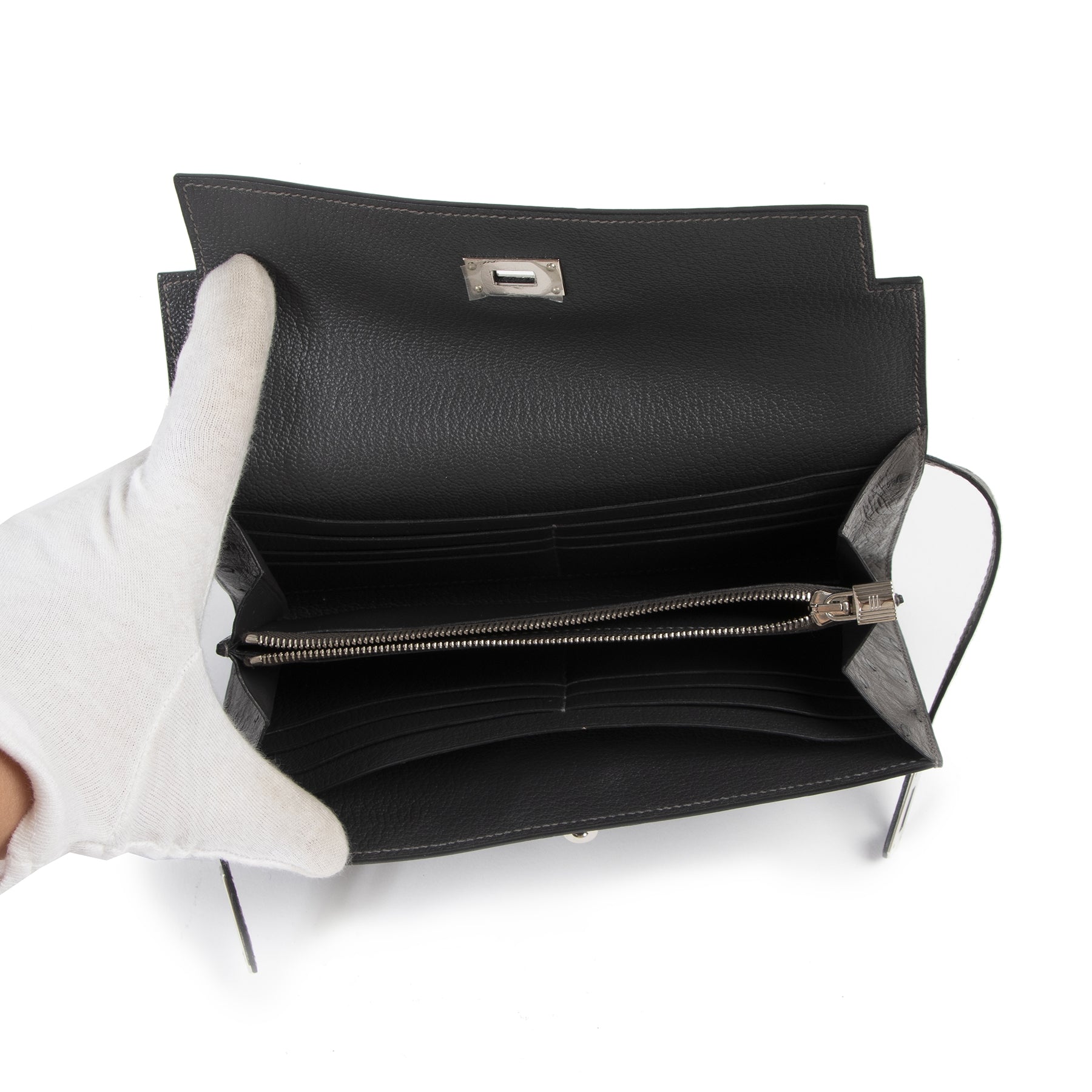Authentic secondhand Hermès Ostrich Kelly Longue Wallet Gris PHW designer accessories fashion luxury vintage webshop safe secure online shopping