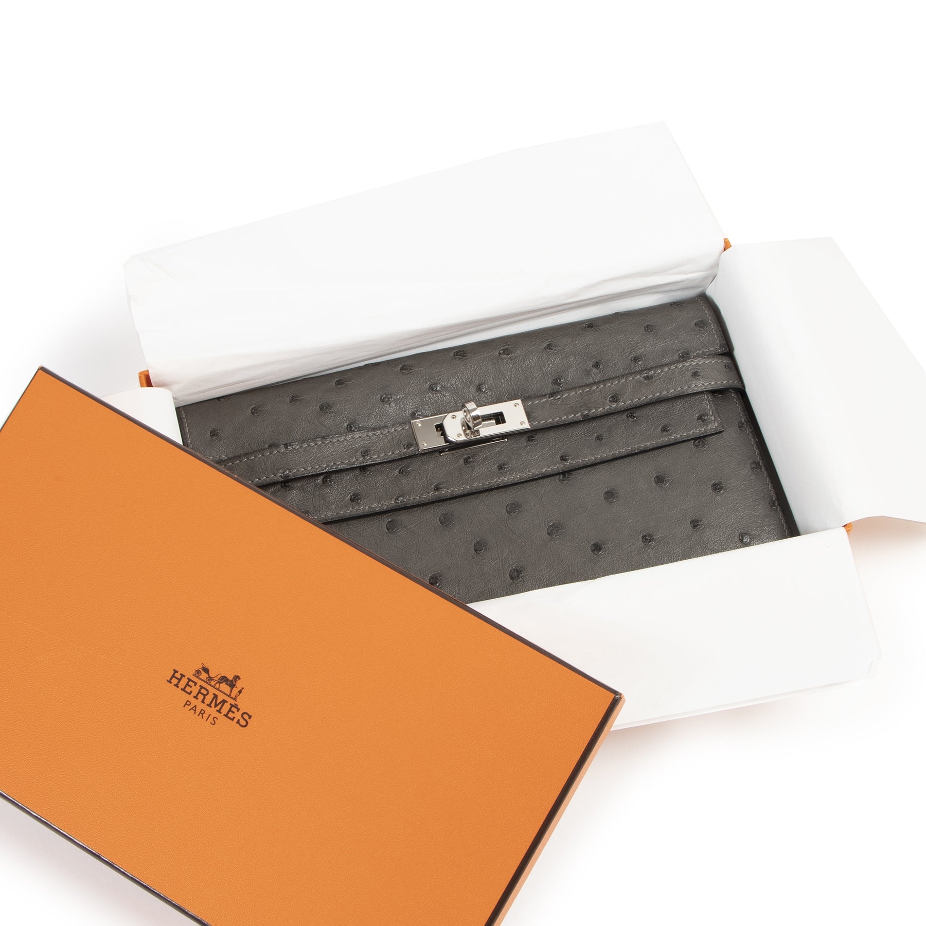 Authentieke Tweedehands Hermès Ostrich Kelly Longue Wallet Gris PHW juiste prijs veilig online shoppen luxe merken webshop winkelen Antwerpen België mode fashion