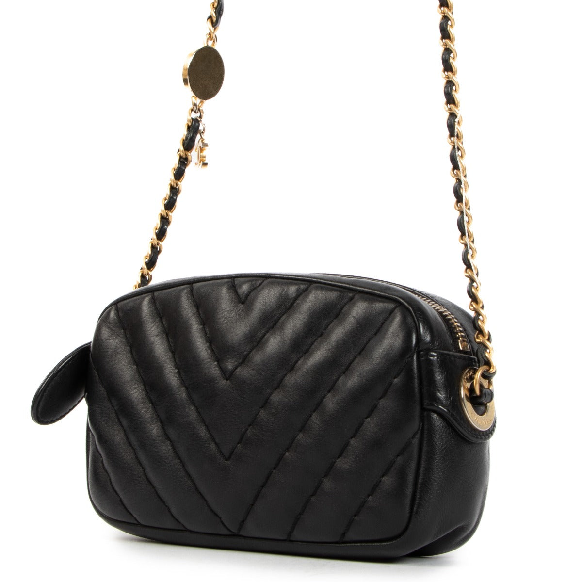 Chanel Black Medaillon Charm Chevron Mini Camera Bag