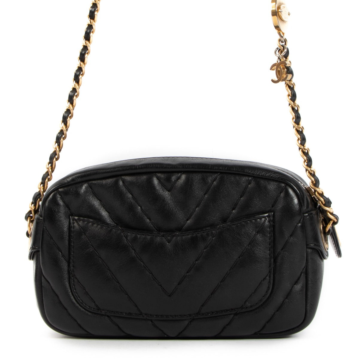 Chanel Zwarte Medaillon Charm Chevron Mini Cameratas