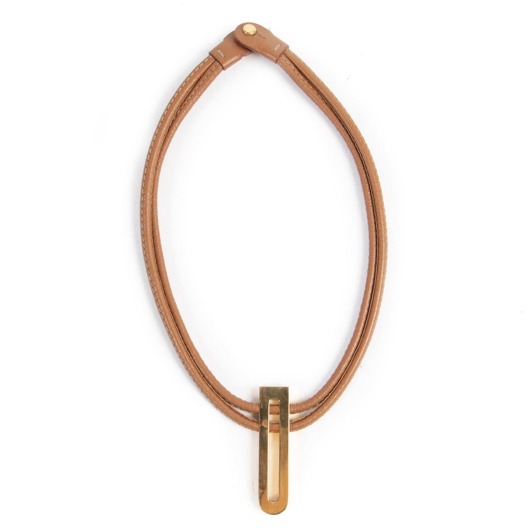 Authentic secondhand Delvaux Brown Leather Gold D Necklace designer necklaces accessories fashion luxury vintage webshop safe secure online shopping