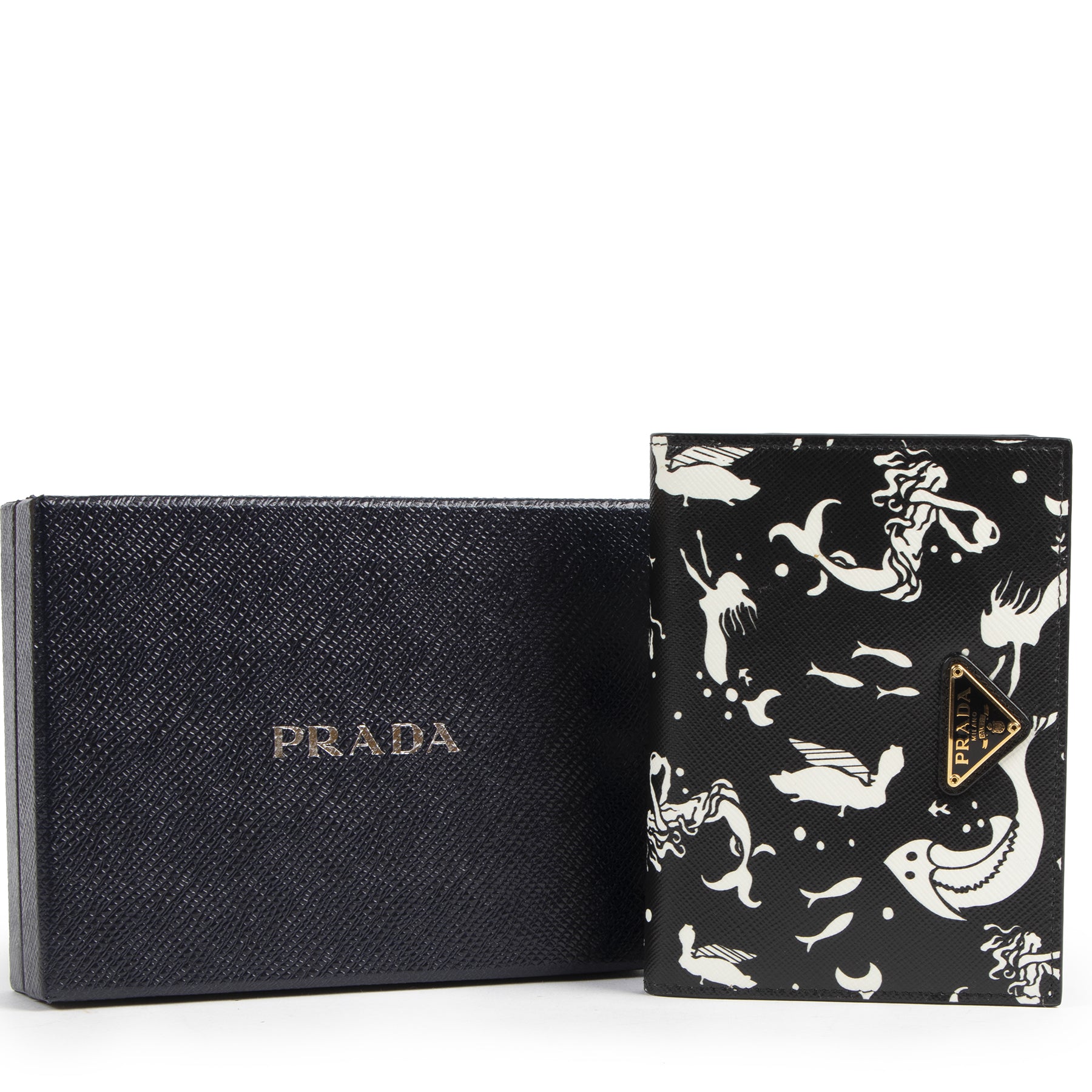 Authentic secondhand Prada Black Mermaid Print Wallet designer fashion luxury vintage webshop safe secure online shopping