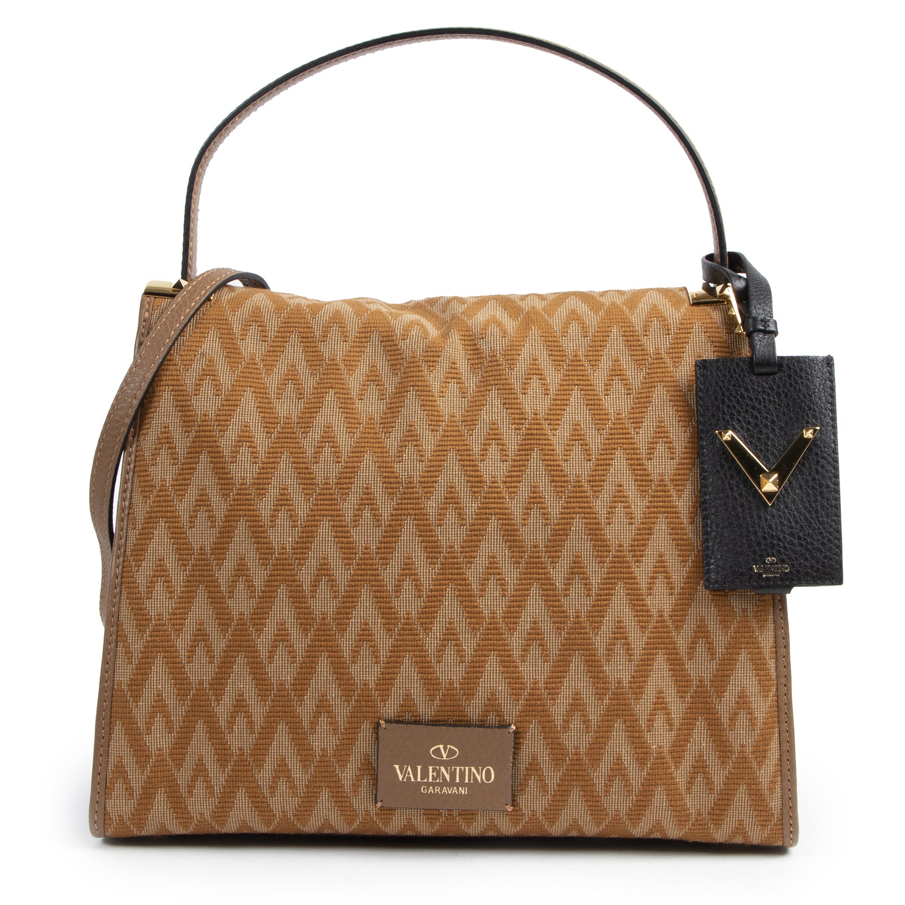 Authentieke Tweedehands Valentino Garavani Camel Logo Shoulder Bag juiste prijs veilig online shoppen luxe merken webshop winkelen Antwerpen België mode fashion
