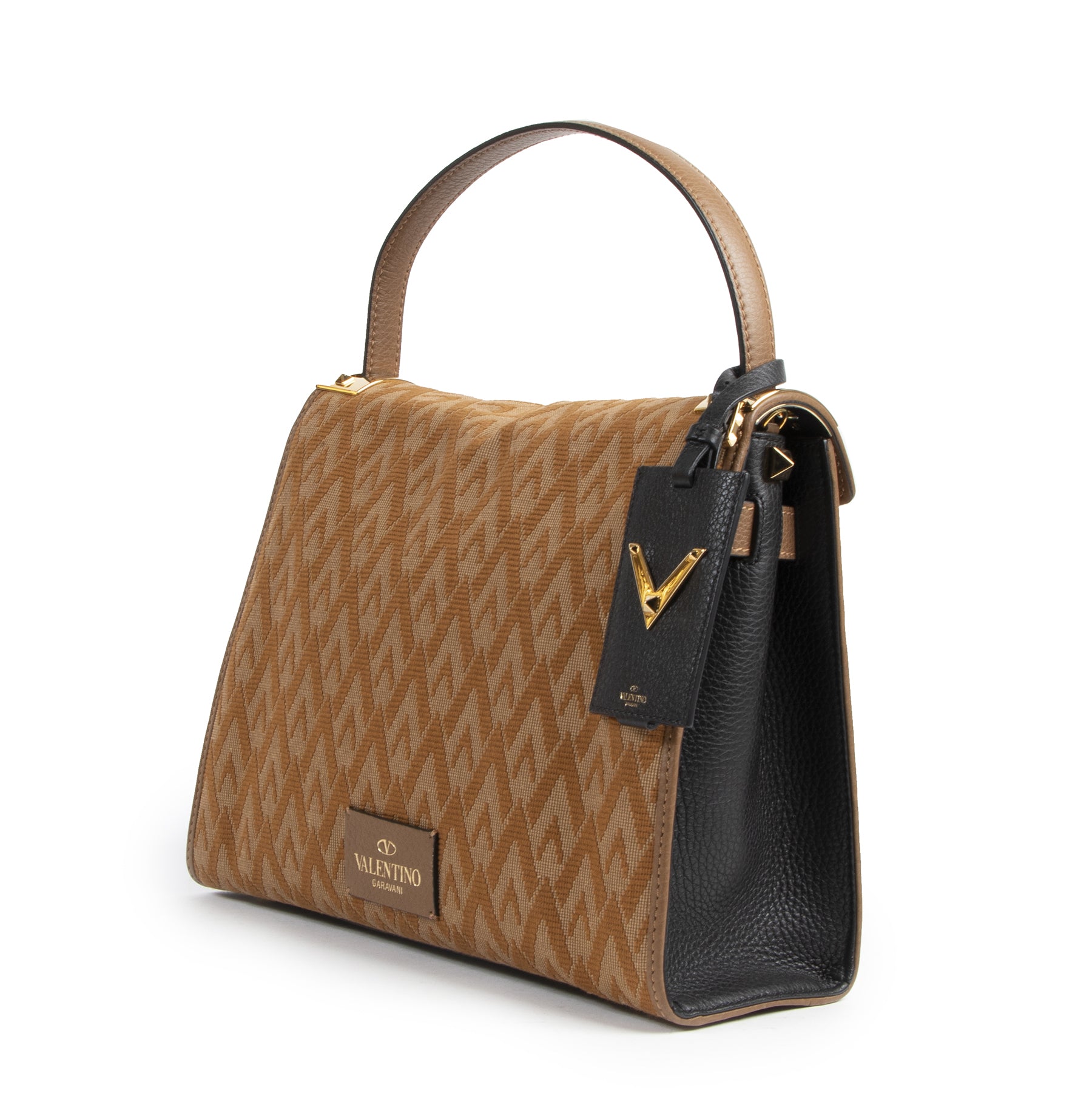 Authentieke Tweedehands Valentino Garavani Camel Logo Shoulder Bag juiste prijs veilig online shoppen luxe merken webshop winkelen Antwerpen België mode fashion
