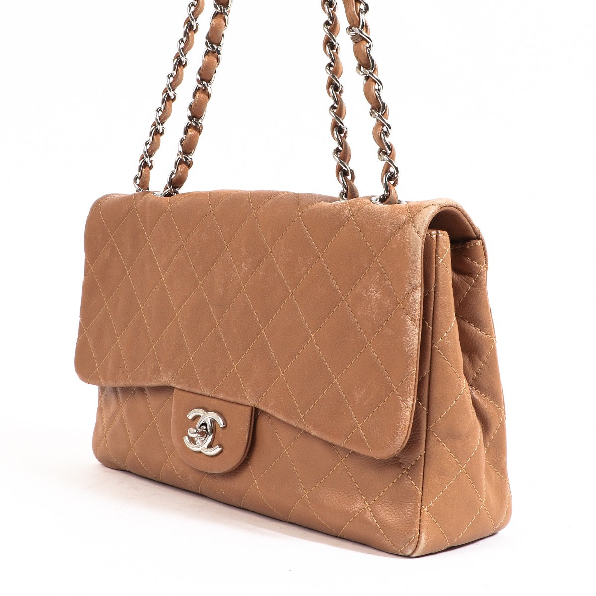 Buy an authentic Chanel Taupe Large Single Flap Bag in very good condition at Labellov in Antwerp.