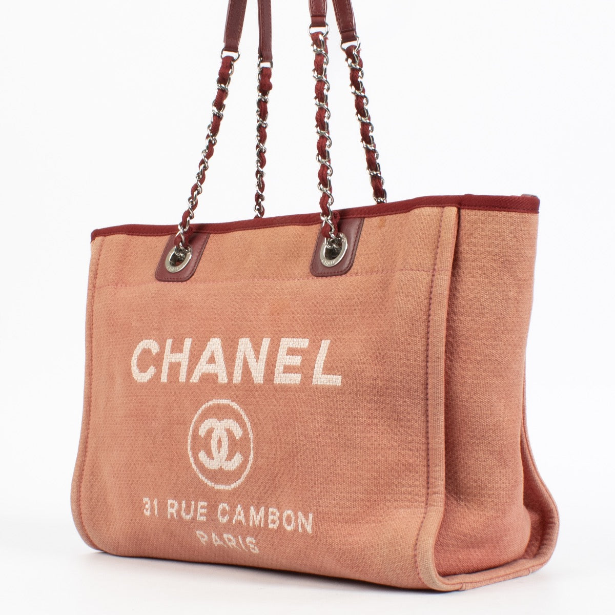 authentic preloved Chanel Red/Pink Canvas Small Deauville Shopper Bag on Labellov.com