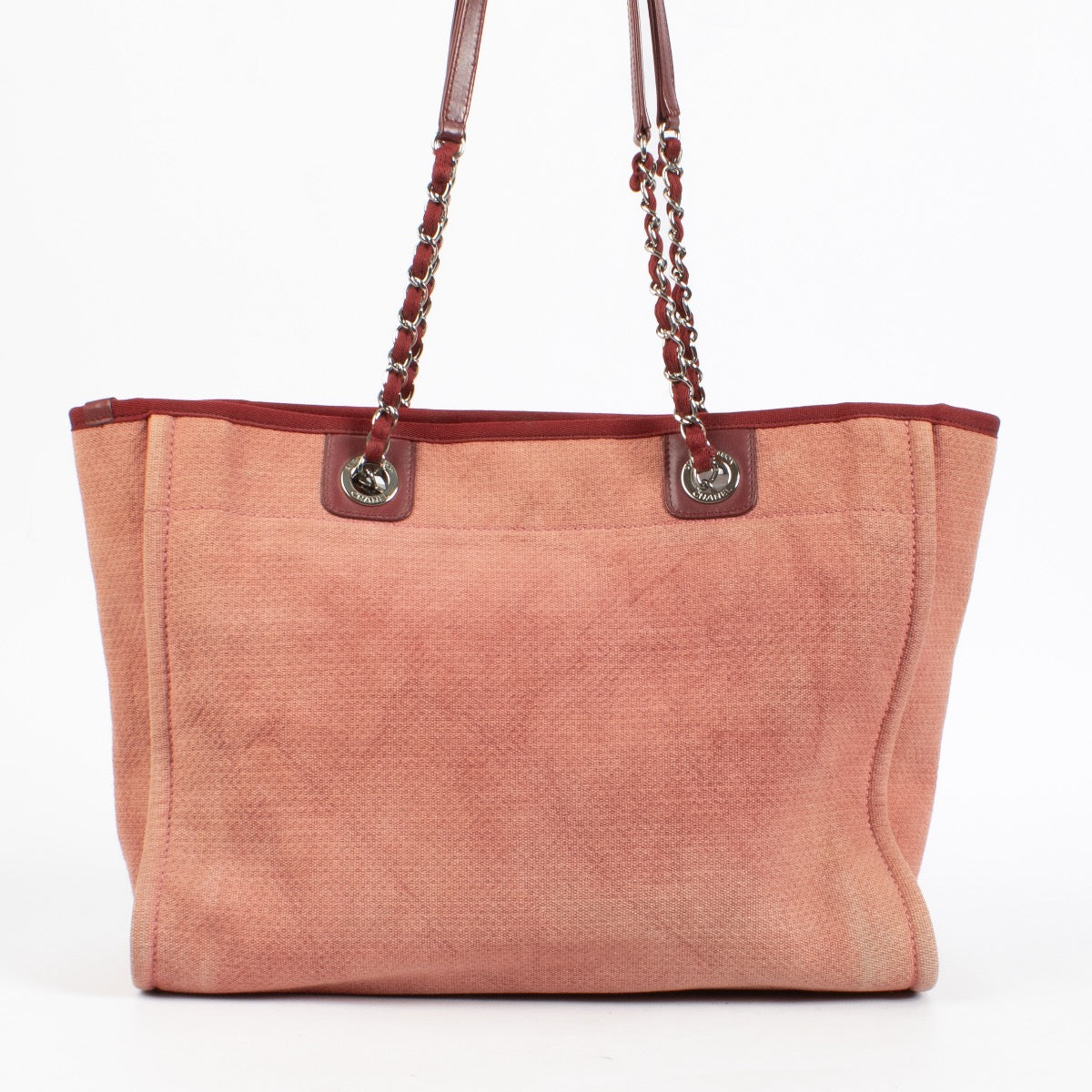 authentic preloved Chanel Red/Pink Canvas Small Deauville Shopper Bag on Labellov.com