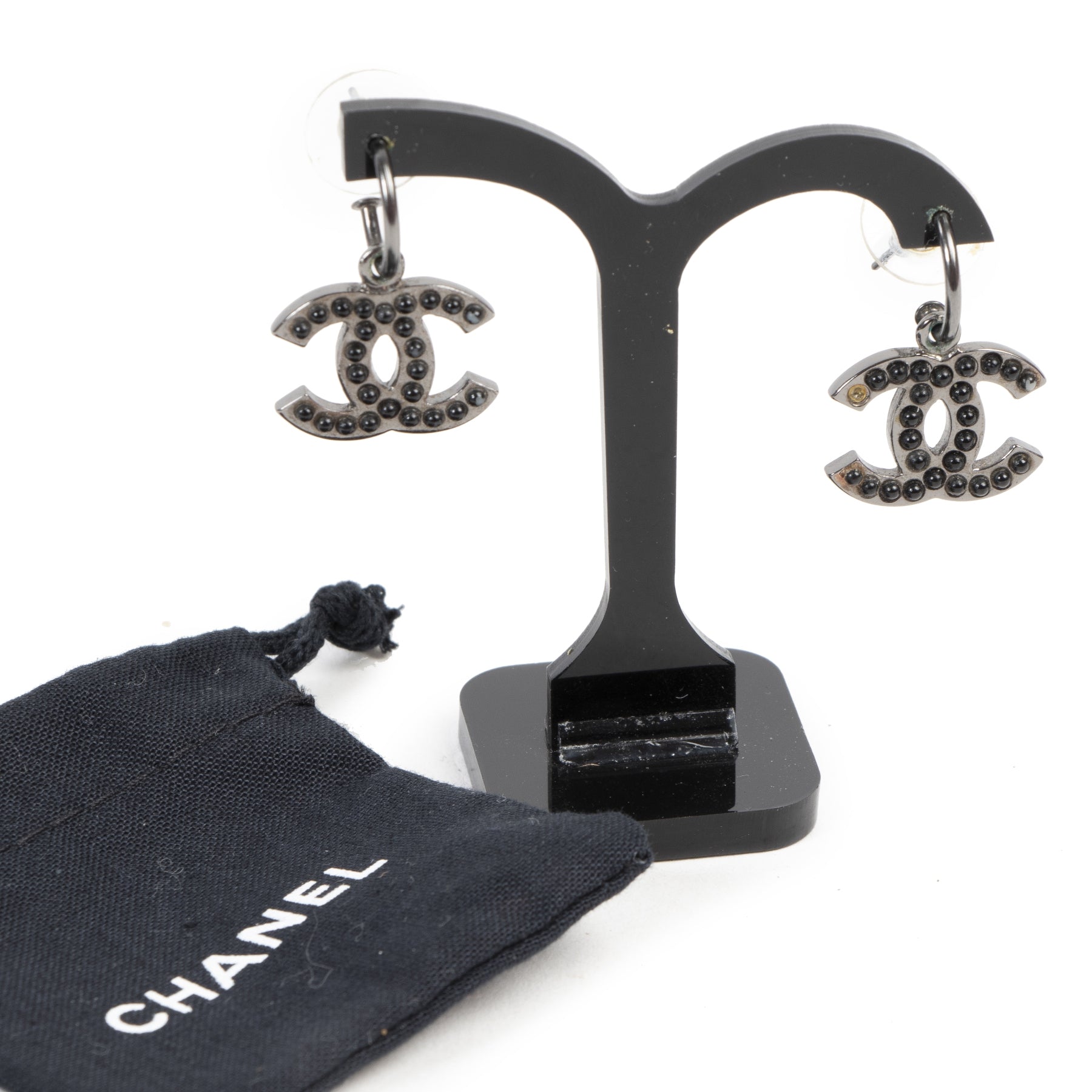 Chanel Grey Double CC Dangle Earrings
