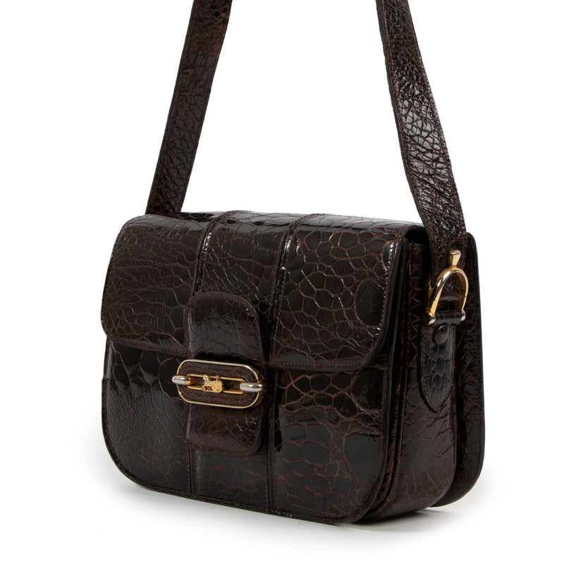 Celine Brown Alligator Carriage Vintage Shoulder Bag