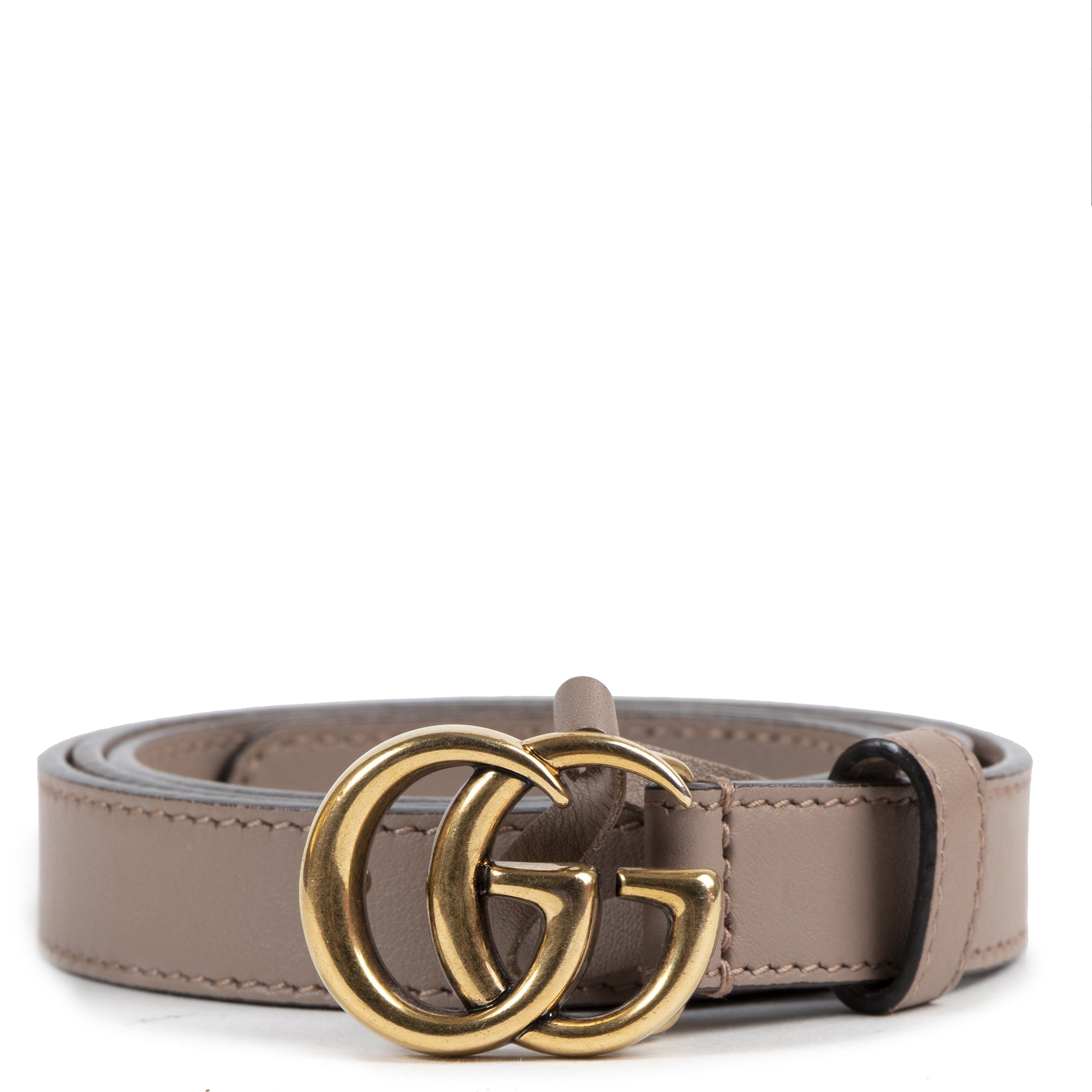 Authentieke Tweedehands Gucci Taupe Leather Marmont GG Belt - Size 85 juiste prijs veilig online shoppen luxe merken webshop winkelen Antwerpen België mode fashion