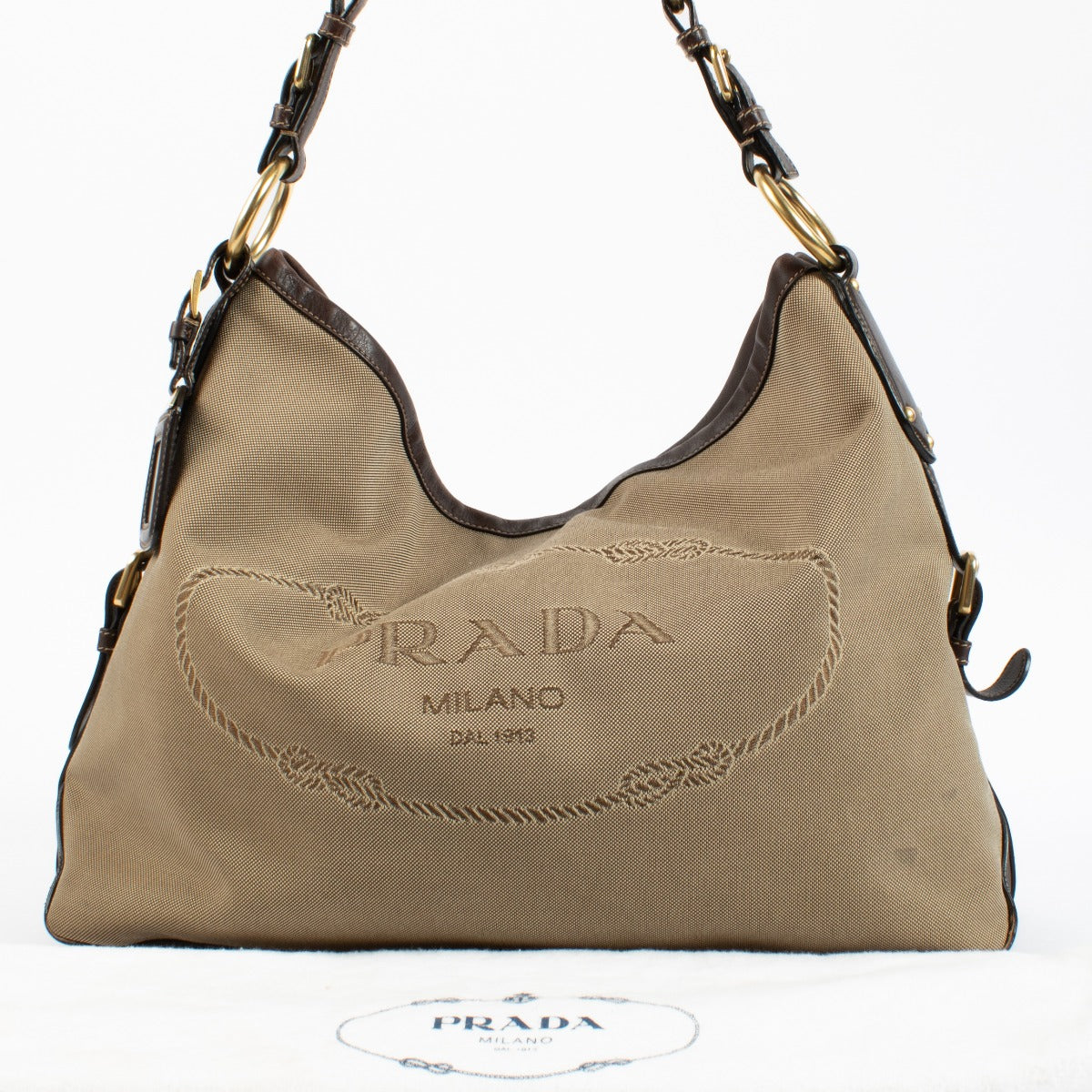 Authentic second hand Prada Beige Canvas Logo Shoulder Bag on Labellov.com