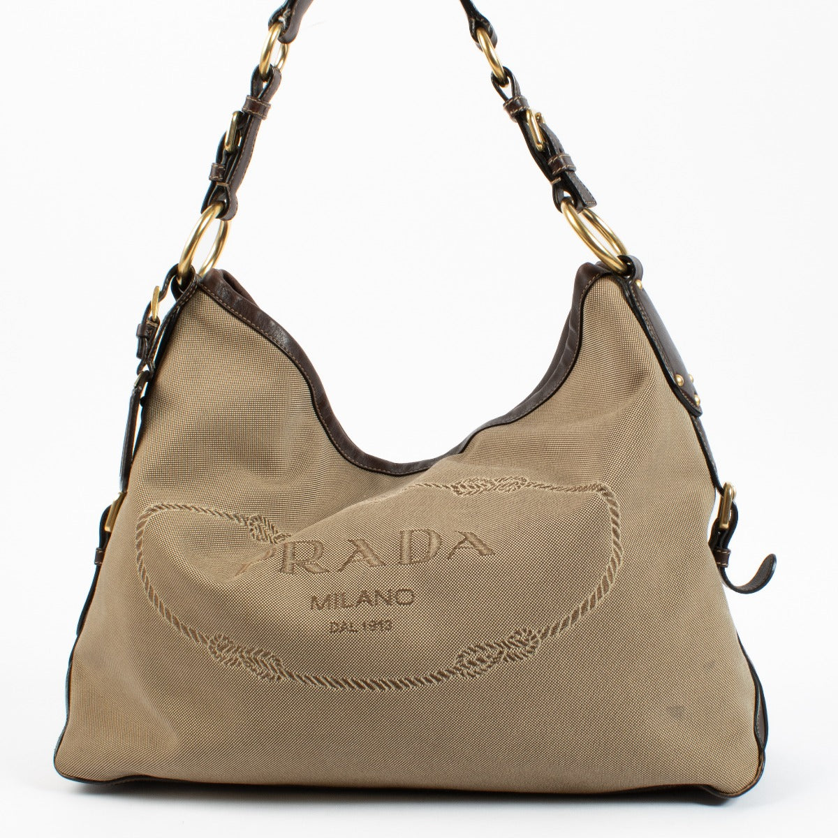 Authentic second hand Prada Beige Canvas Logo Shoulder Bag on Labellov.com