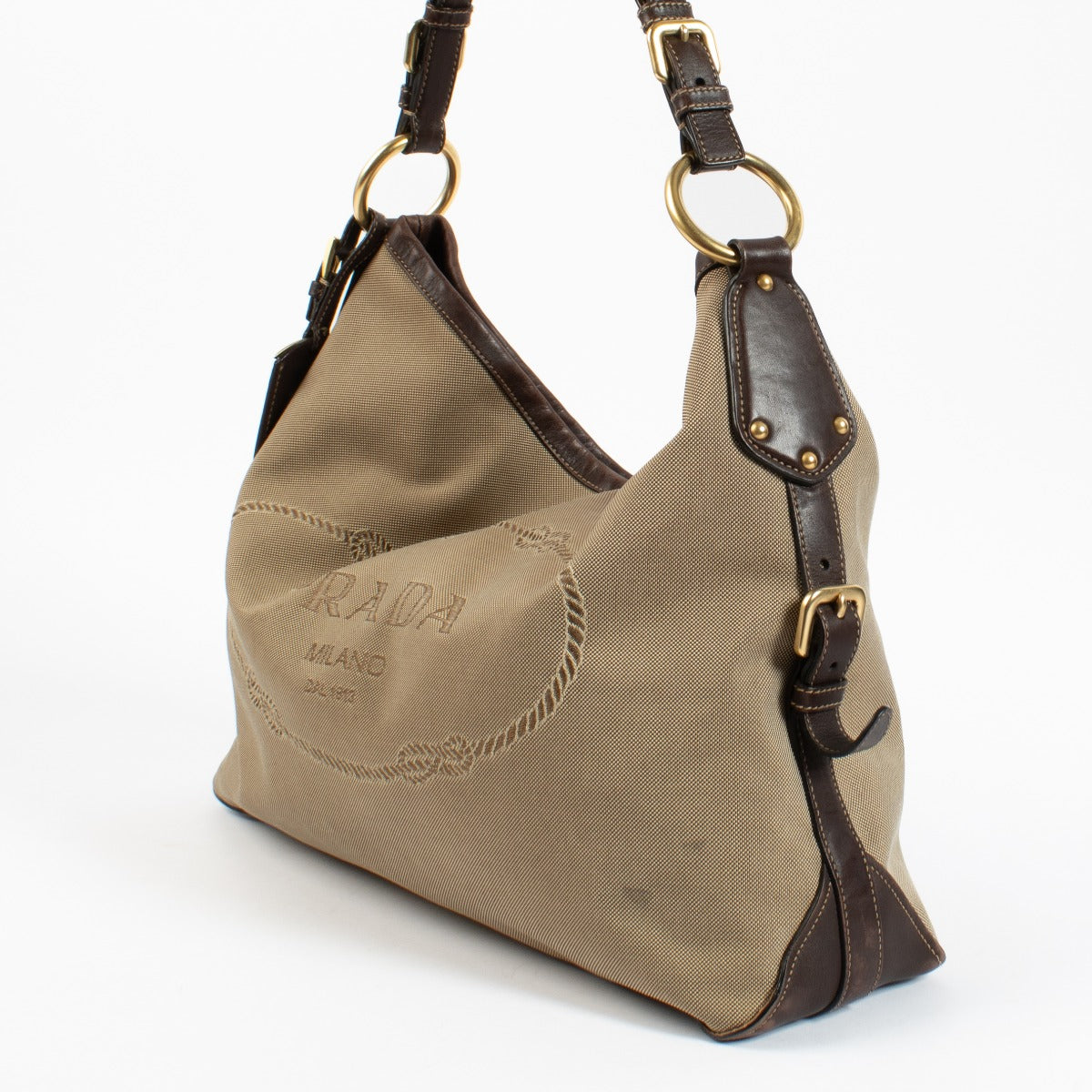 Authentic second hand Prada Beige Canvas Logo Shoulder Bag on Labellov.com