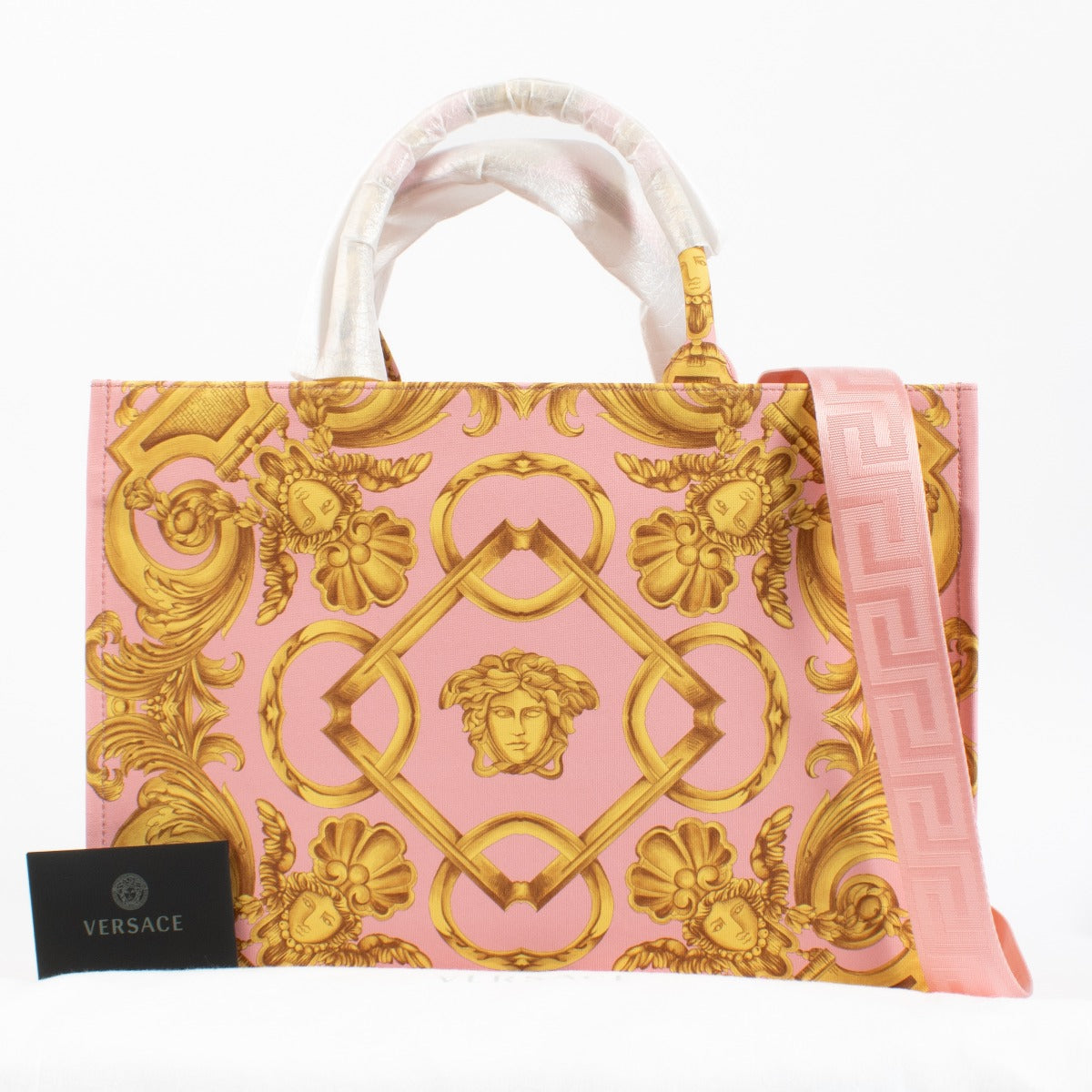 Authentic second hand Versace pink signature canvas tote top handle on Labellov.com
