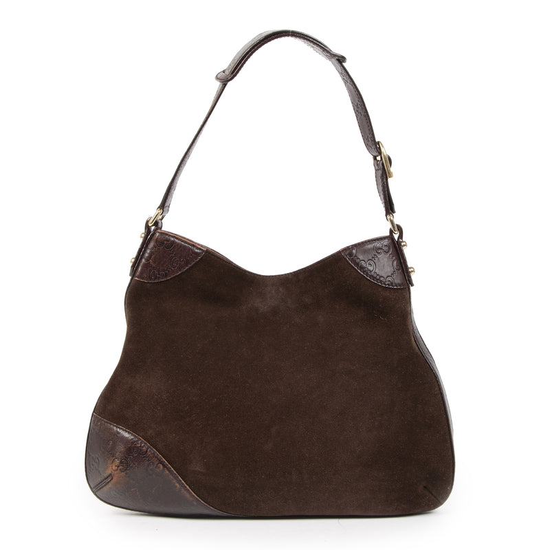 Authentieke tweedehands vintage Gucci Brown Hassler Hobo Bag koop online webshop LabelLOV