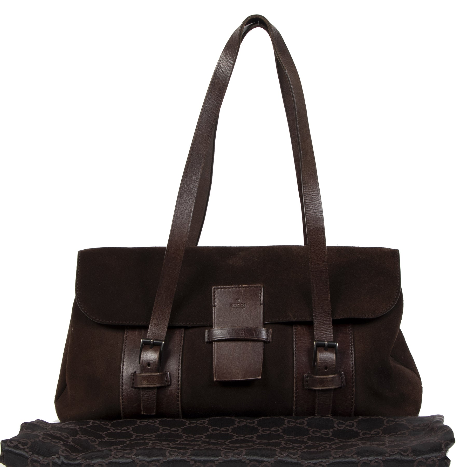 Authentieke tweedehands vintage Gucci Brown Suede Satchel Bag koop online webshop LabelLOV