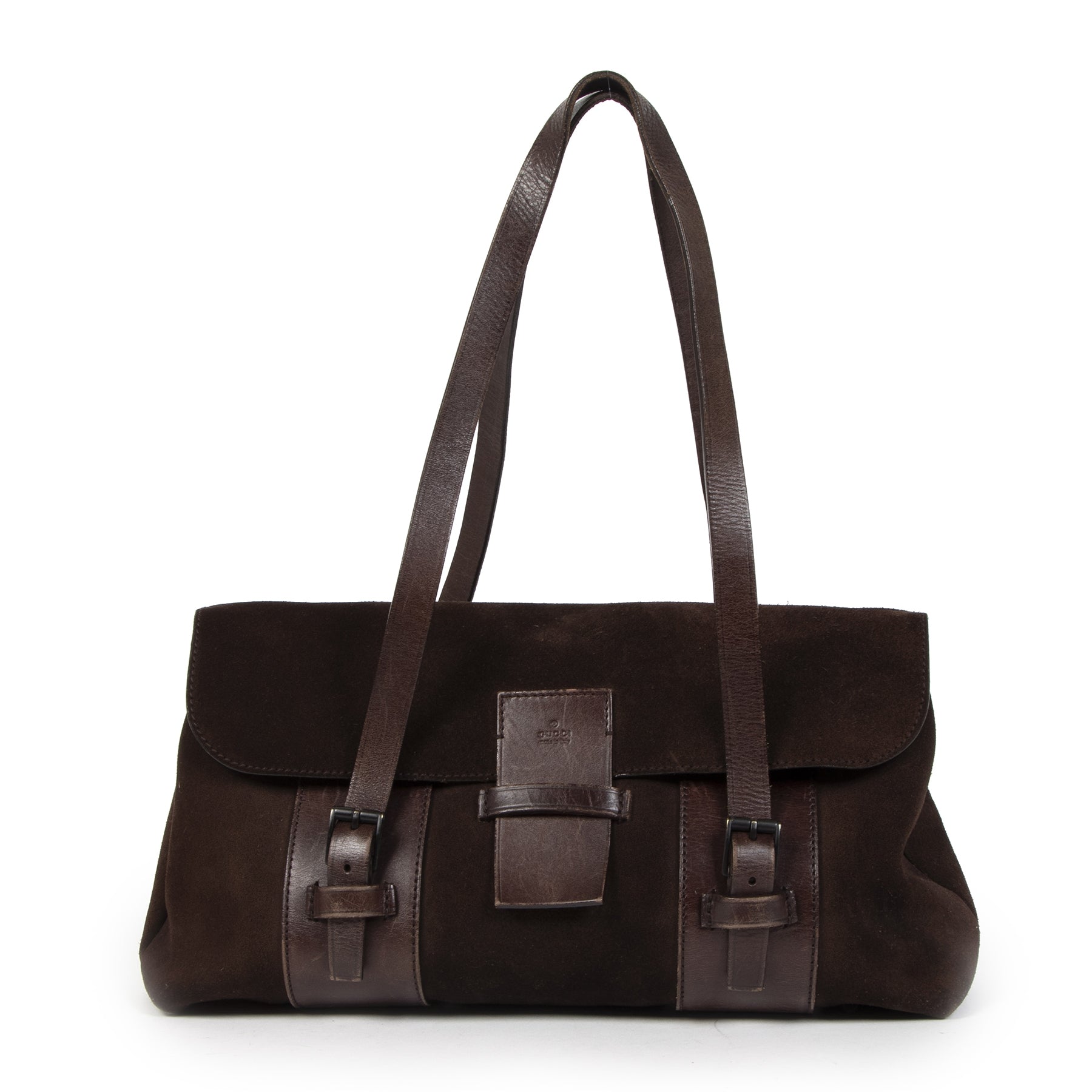 Authentieke tweedehands vintage Gucci Brown Suede Satchel Bag koop online webshop LabelLOV
