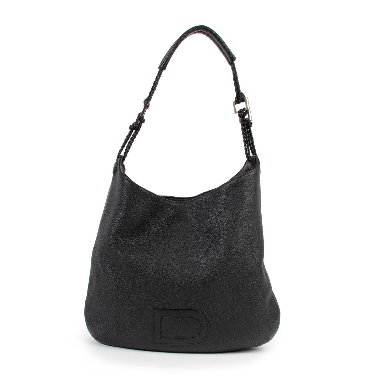 Delvaux Black Leather Shoulder bag with silvern metallic chain and woven strap