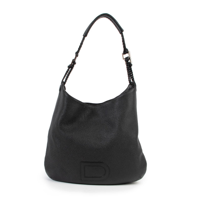 Delvaux Black Leather Shoulder bag with silvern metallic chain and woven strap