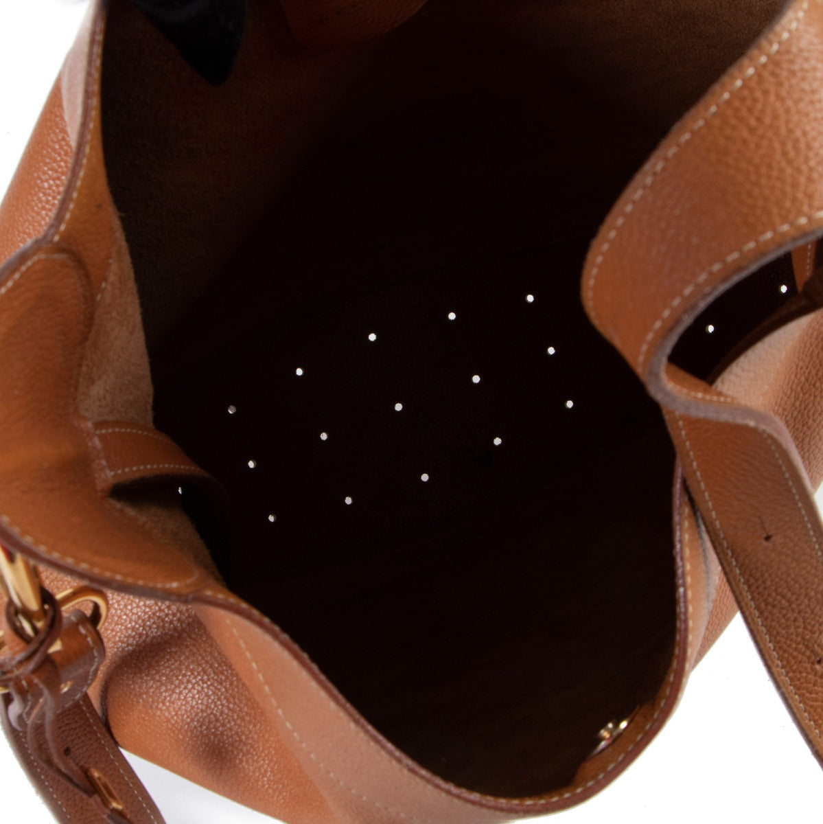 Delvaux Cognac Calfskin Leather Shoulder Bag with little perforated holes and Delvaux signature